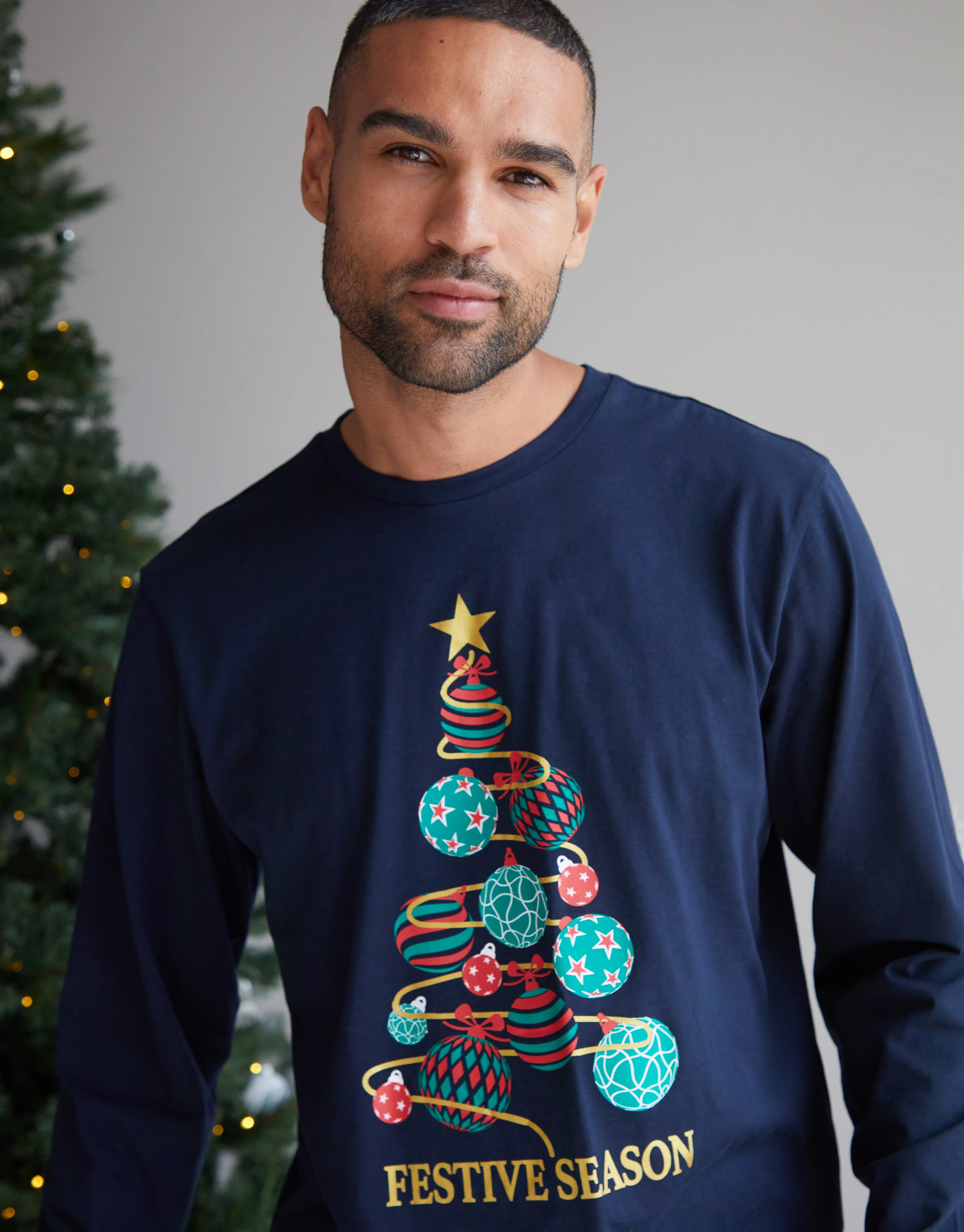 Men's Navy Christmas Tree Graphic Long Sleeve Check Pyjamas sold by Threadbare product image thumbnail 4
