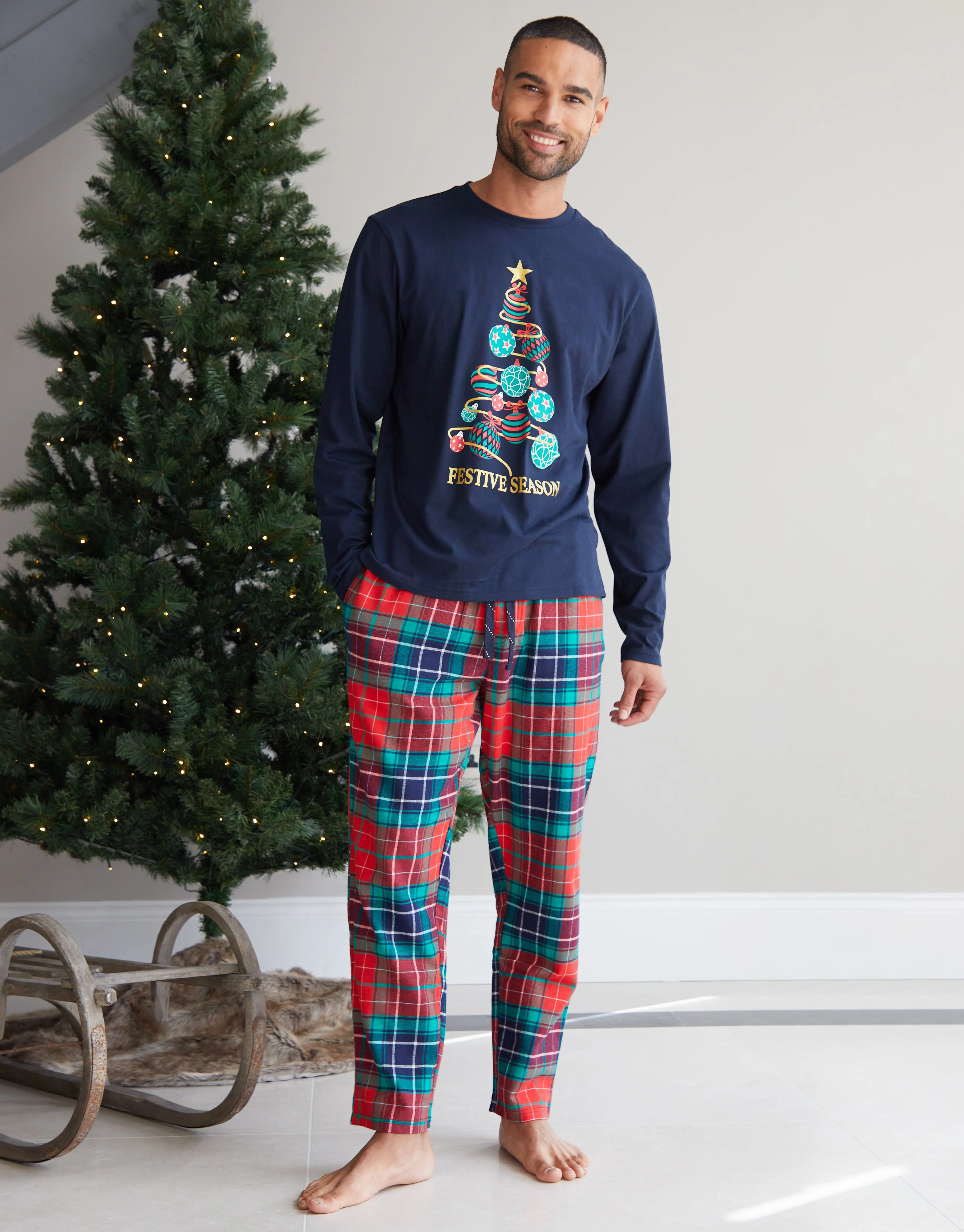 Men's Navy Christmas Tree Graphic Long Sleeve Check Pyjamas sold by Threadbare