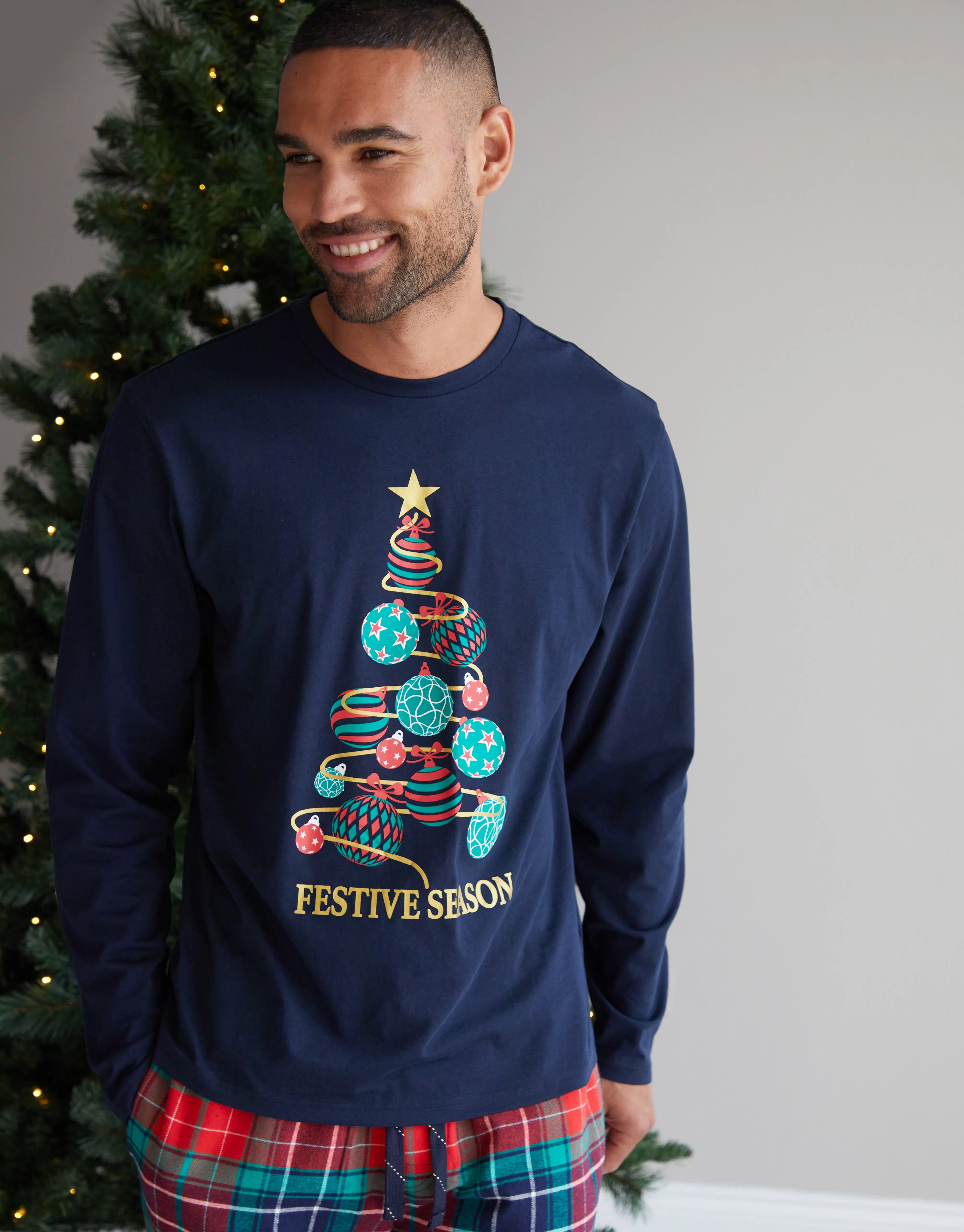 Men's Navy Christmas Tree Graphic Long Sleeve Check Pyjamas sold by Threadbare product image thumbnail 2