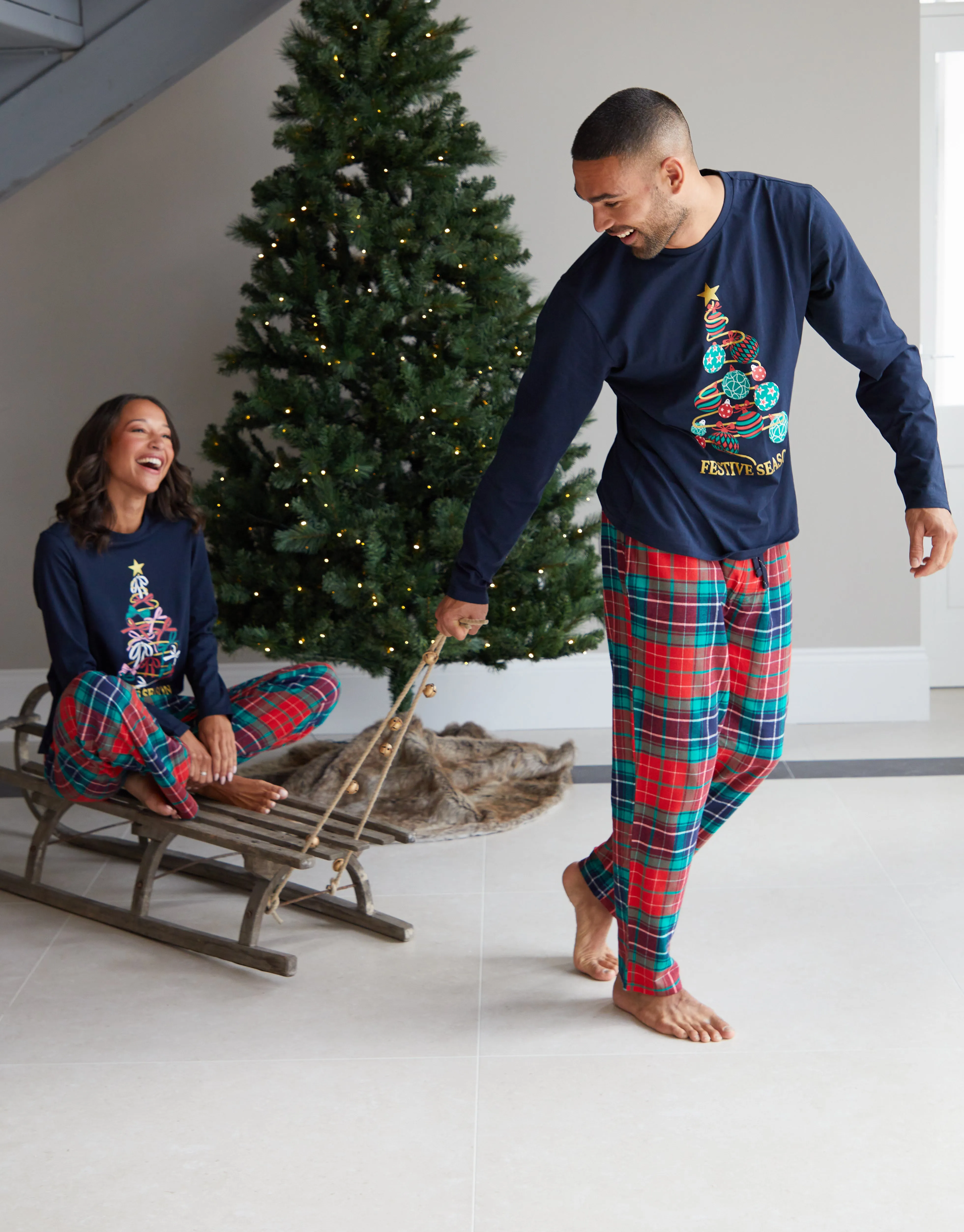 Men's Navy Christmas Tree Graphic Long Sleeve Check Pyjamas sold by Threadbare product image thumbnail 3