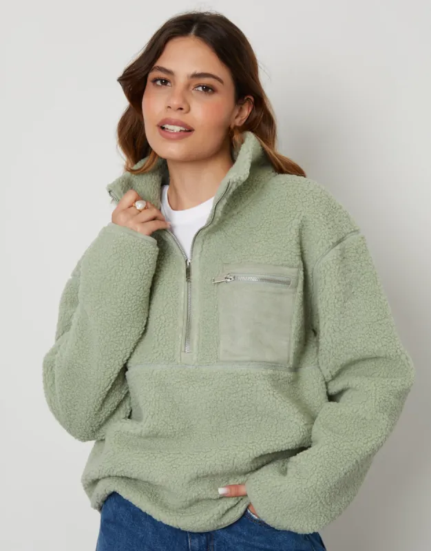 Sage Green Half Zip Borg Fleece sold by Threadbare