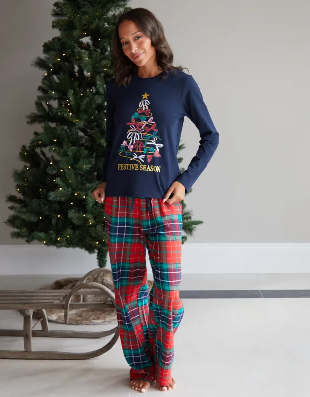 Threadbare Women's Navy Christmas Tree Graphic Long Sleeve Check Pyjamas sold by Threadbare