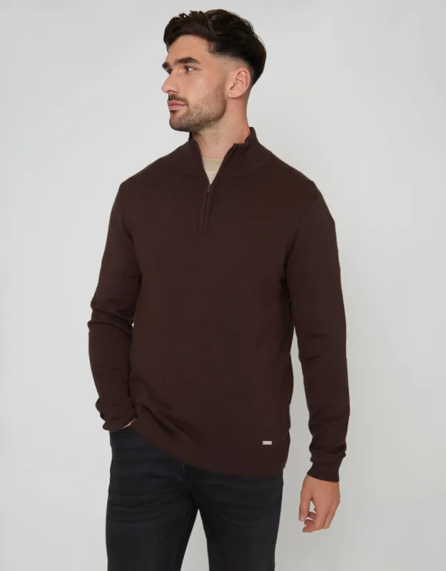 Threadbare Men's Brown Funnel Neck Quarter Zip Knitted Jumper sold by Threadbare