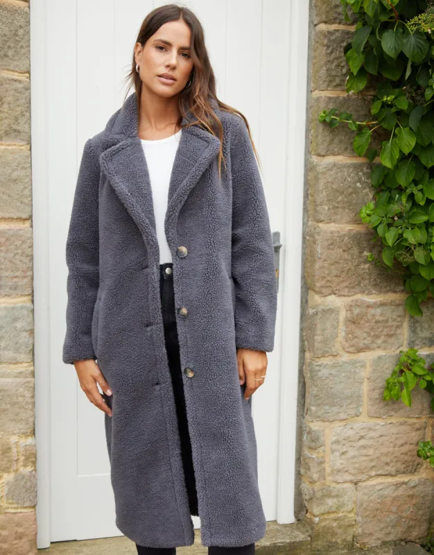 Women's Charcoal Longline Borg Teddy Coat sold by Threadbare