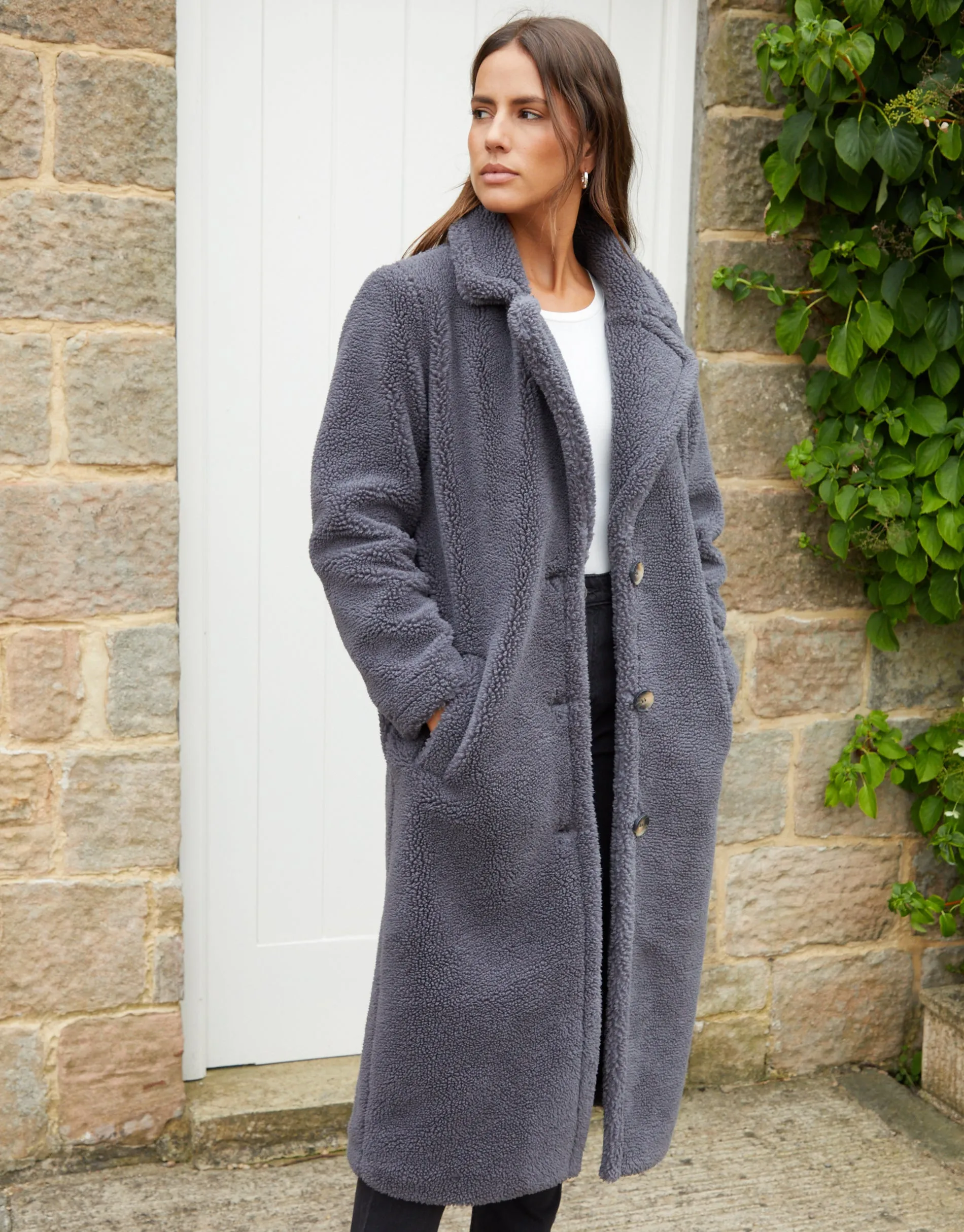 Women's Charcoal Longline Borg Teddy Coat sold by Threadbare product image thumbnail 3