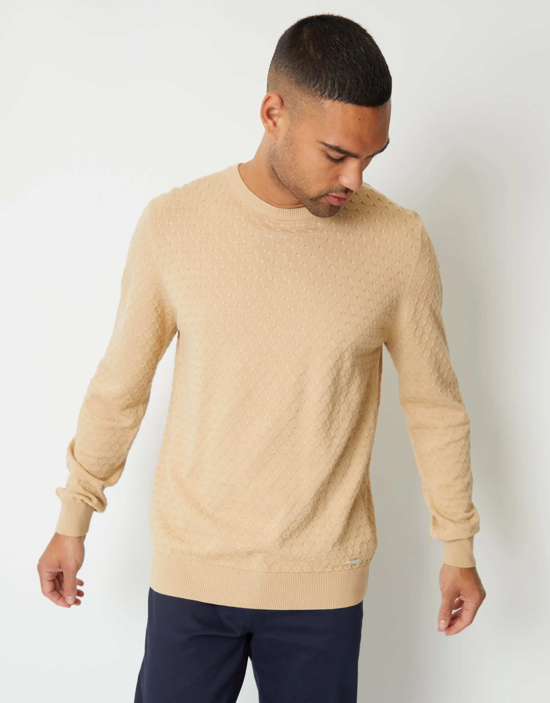 Threadbare Men's Beige Mini Cable Knit Crew Neck Jumper sold by Threadbare