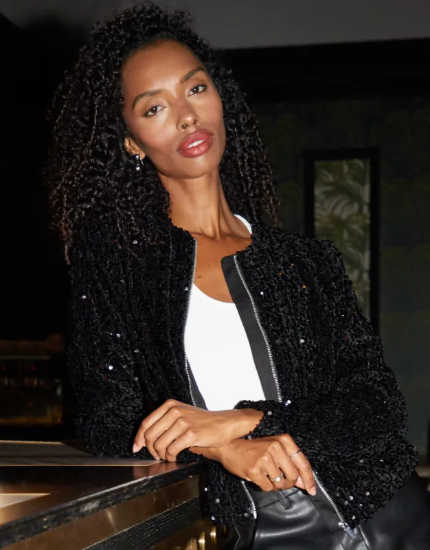 Women's Black Sequin Zip Up Bomber Jacket sold by Threadbare