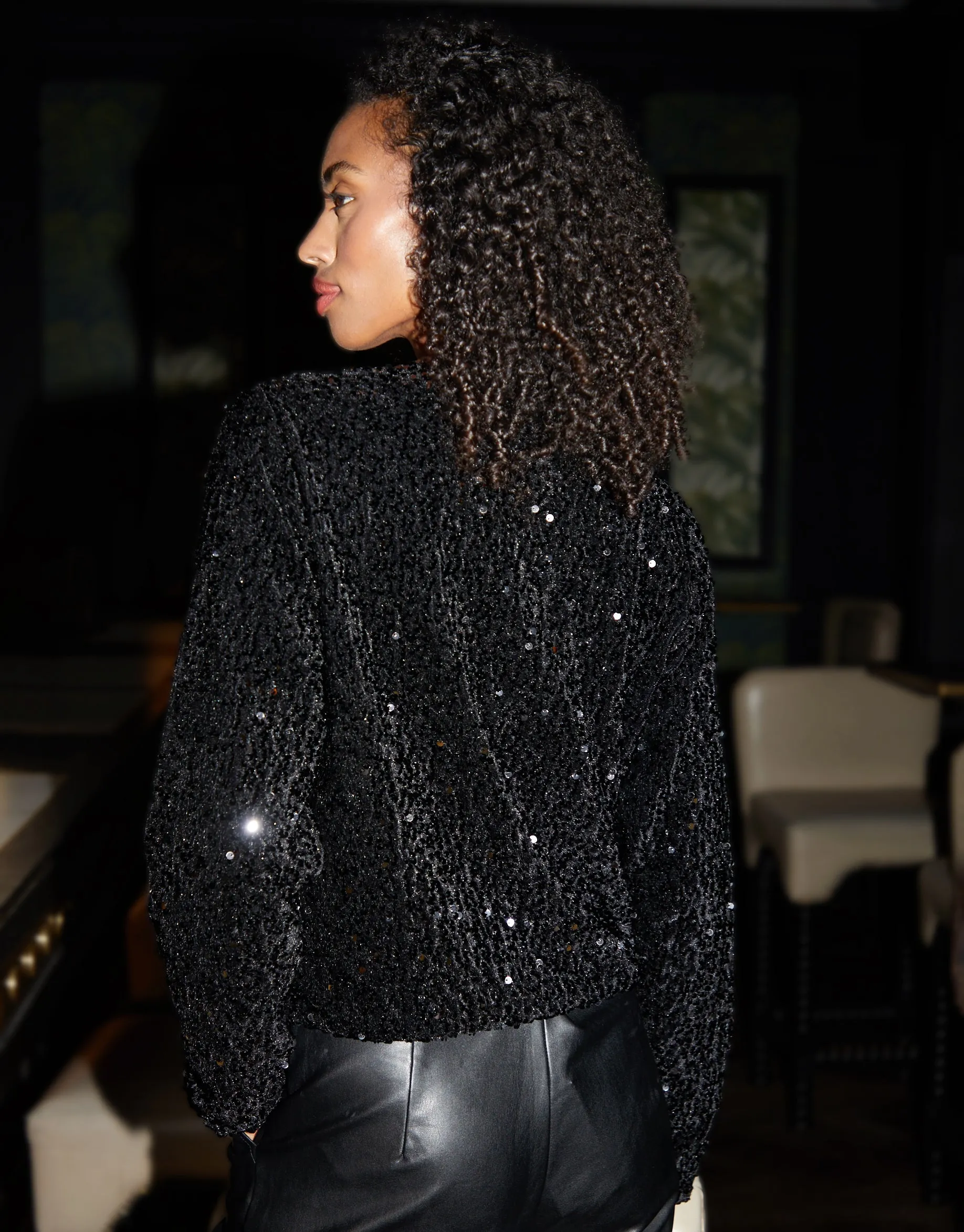 Women's Black Sequin Zip Up Bomber Jacket sold by Threadbare product image thumbnail 2