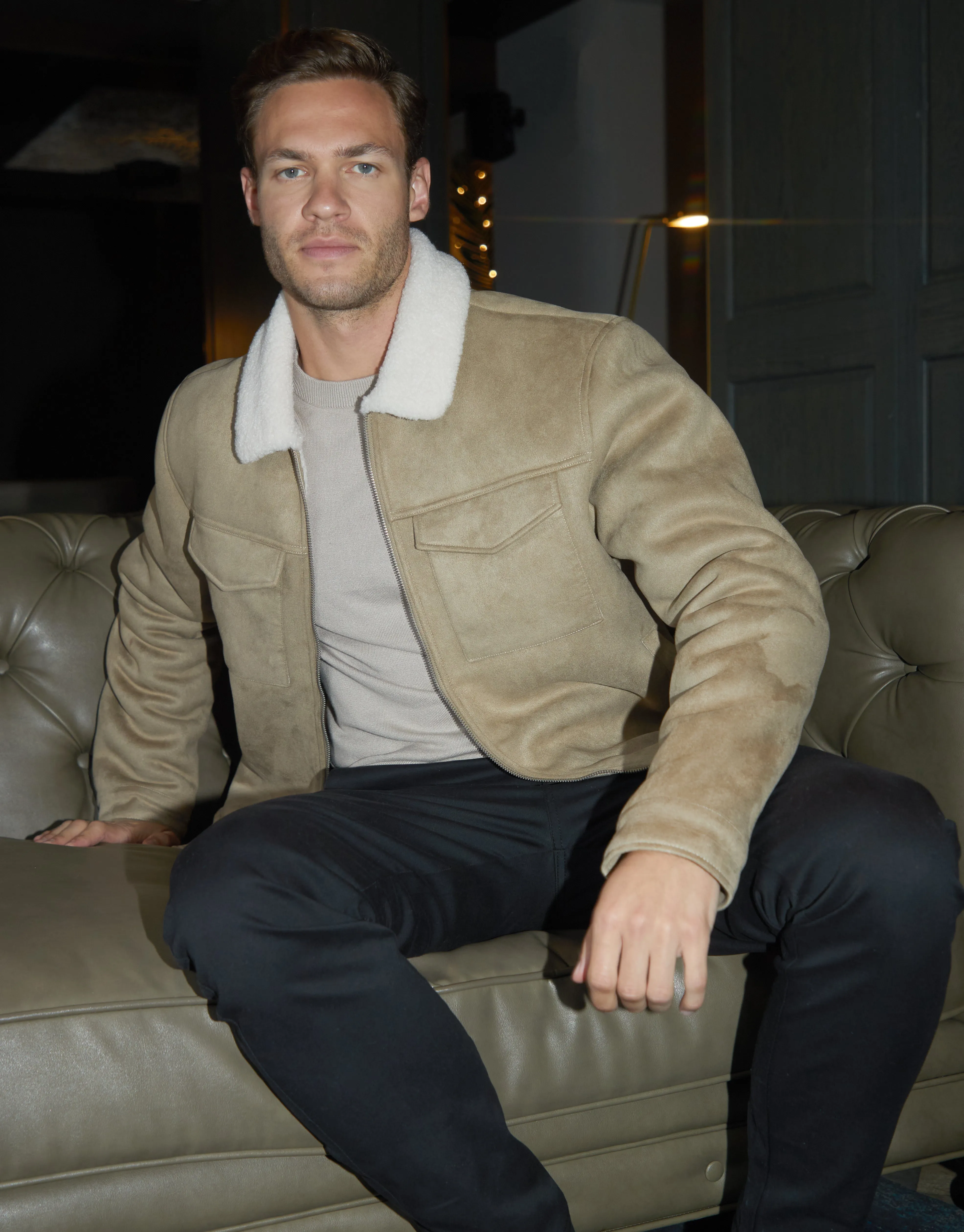 Stone Faux Suede Borg Lined Aviator Jacket sold by Threadbare product image thumbnail 3