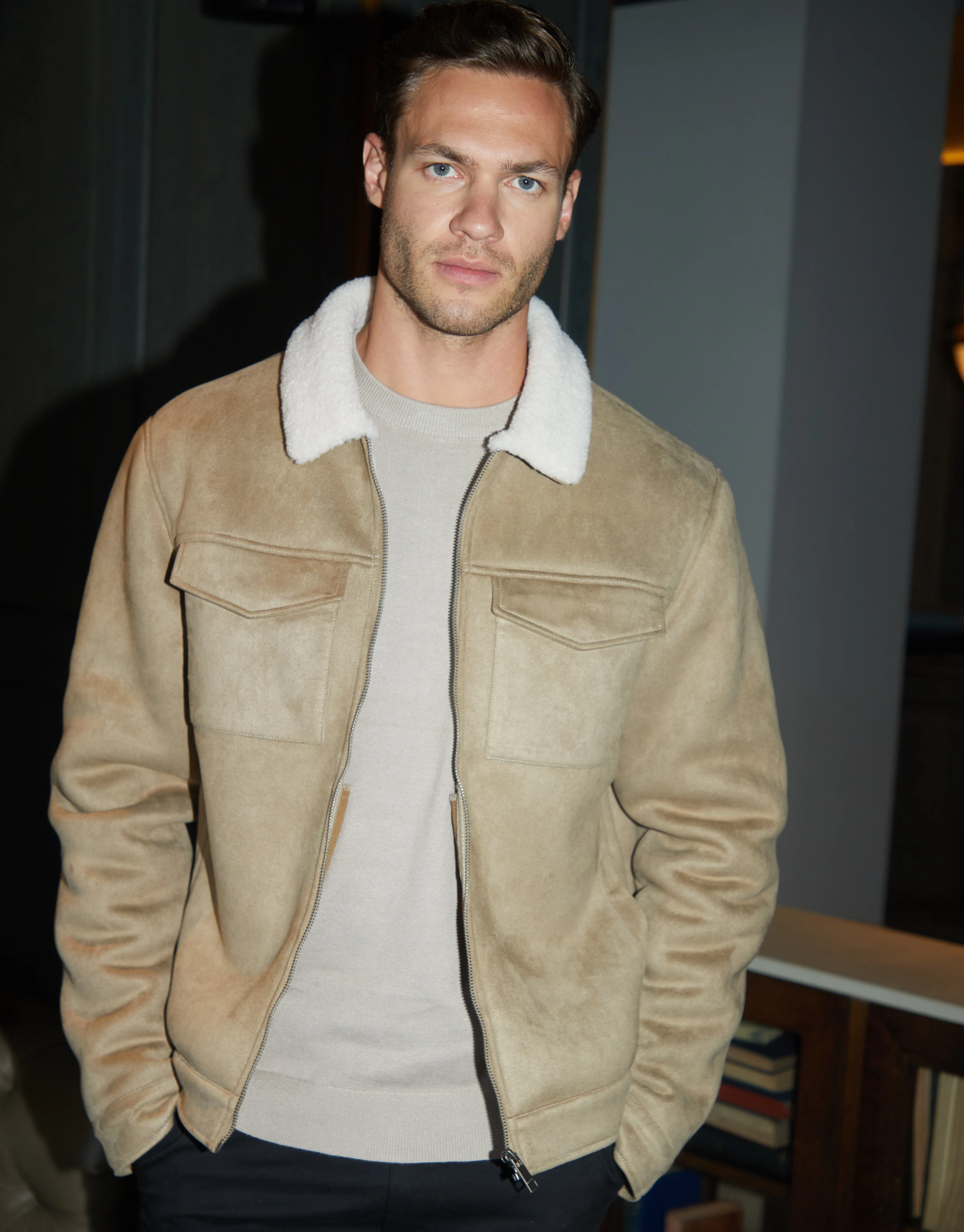 Stone Faux Suede Borg Lined Aviator Jacket sold by Threadbare