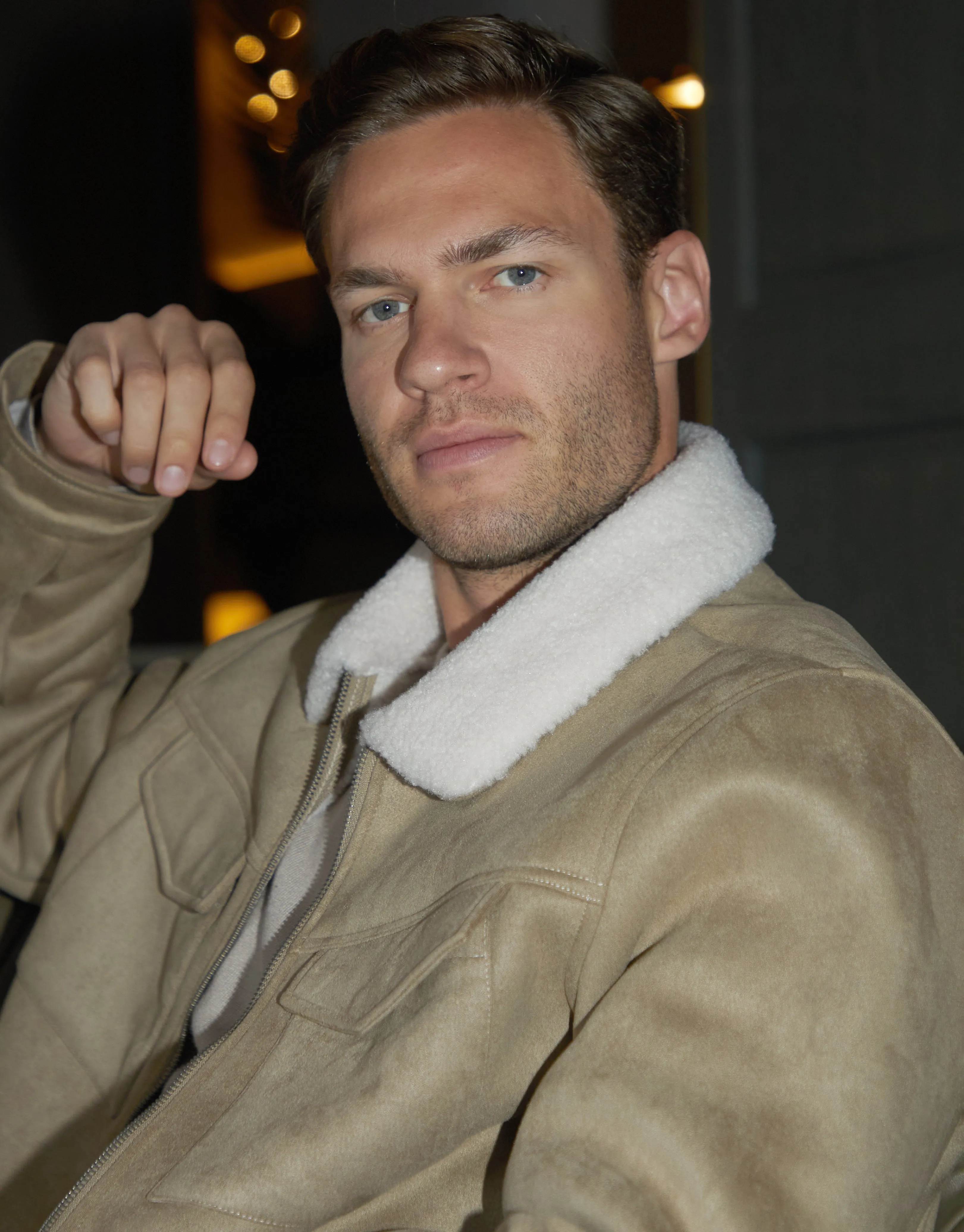 Stone Faux Suede Borg Lined Aviator Jacket sold by Threadbare product image thumbnail 4