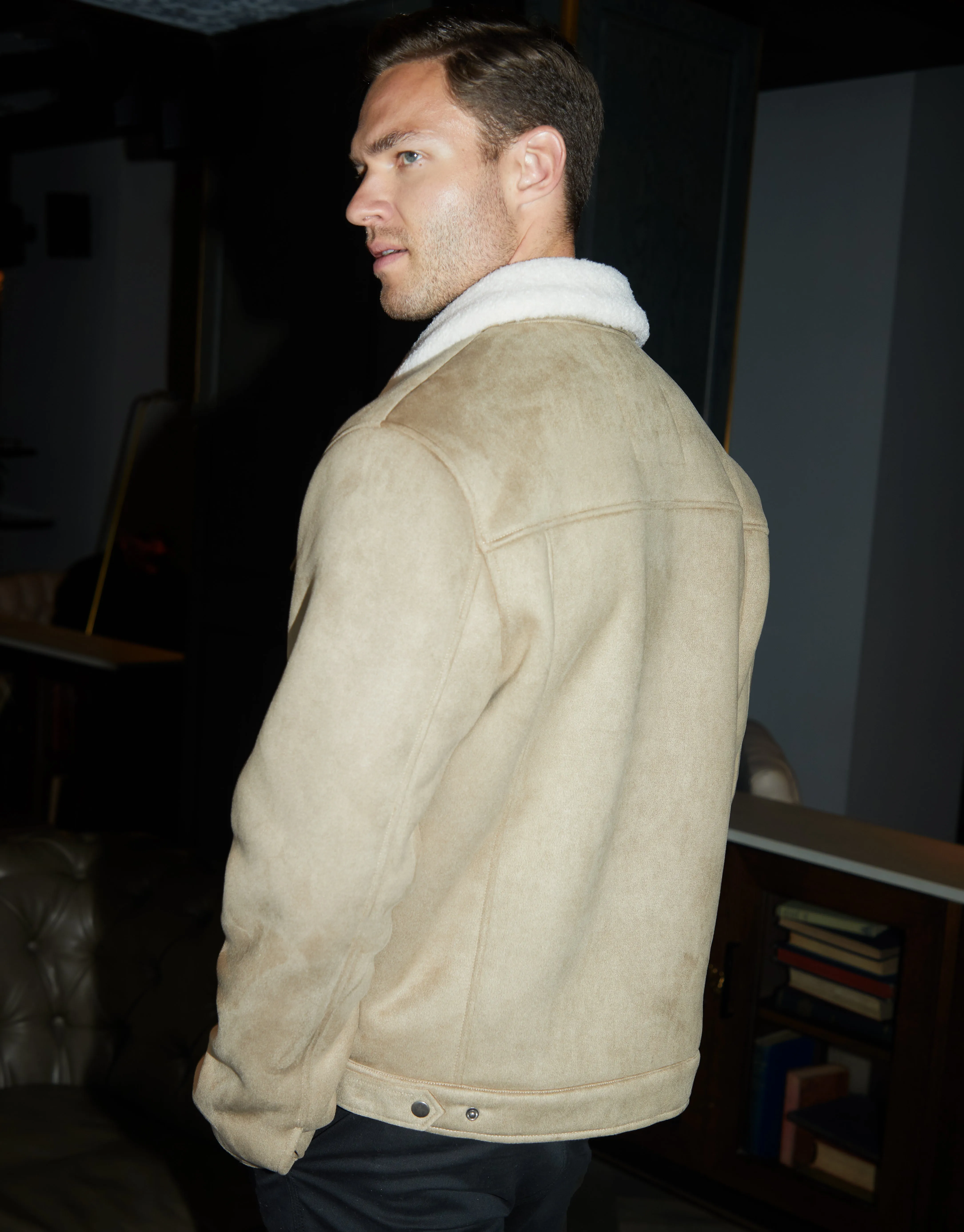 Stone Faux Suede Borg Lined Aviator Jacket sold by Threadbare product image thumbnail 2