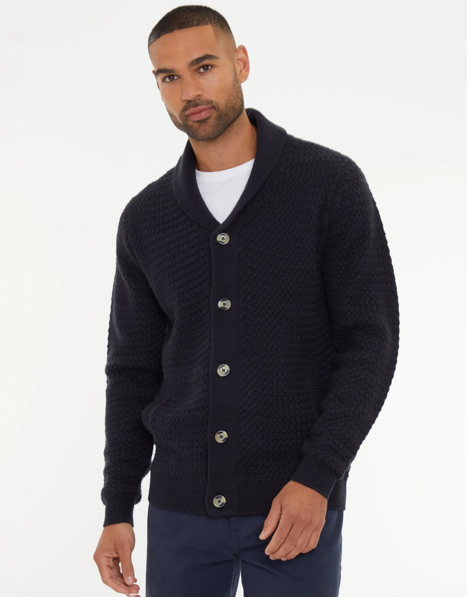 Navy Knitted Shawl Cardigan sold by Threadbare