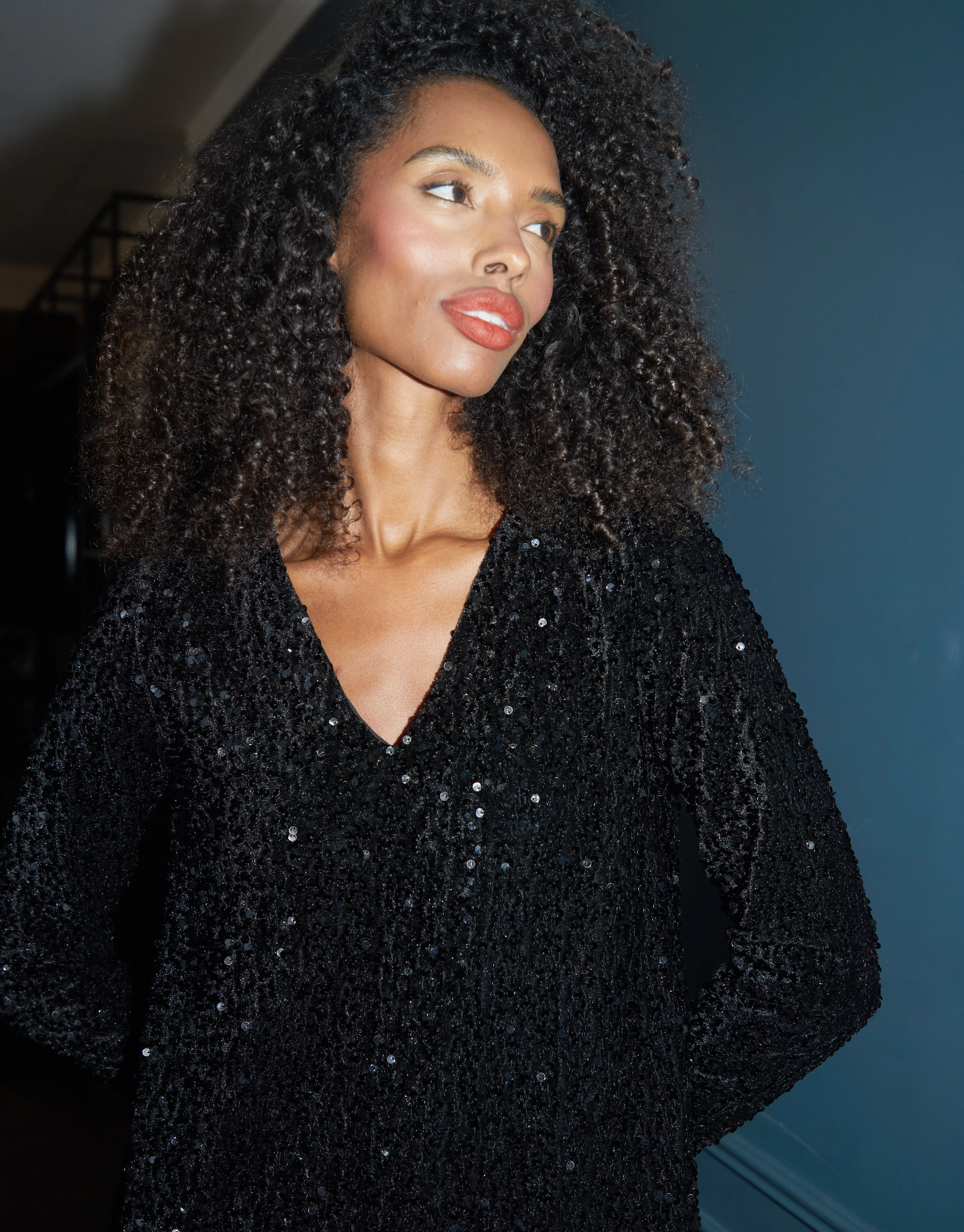 Women's Black Sequin Velour V Neck Mini Dress sold by Threadbare product image thumbnail 2