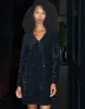 Women's Black Sequin Velour V Neck Mini Dress sold by Threadbare