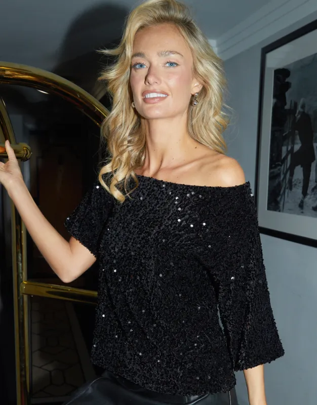 Threadbare Women's Black Sequin Velour Drop Shoulder Top sold by Threadbare