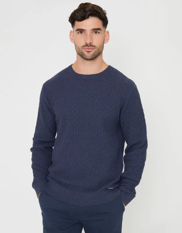 Threadbare Men's Denim Blue Mini Cable Knit Crew Neck Jumper sold by Threadbare