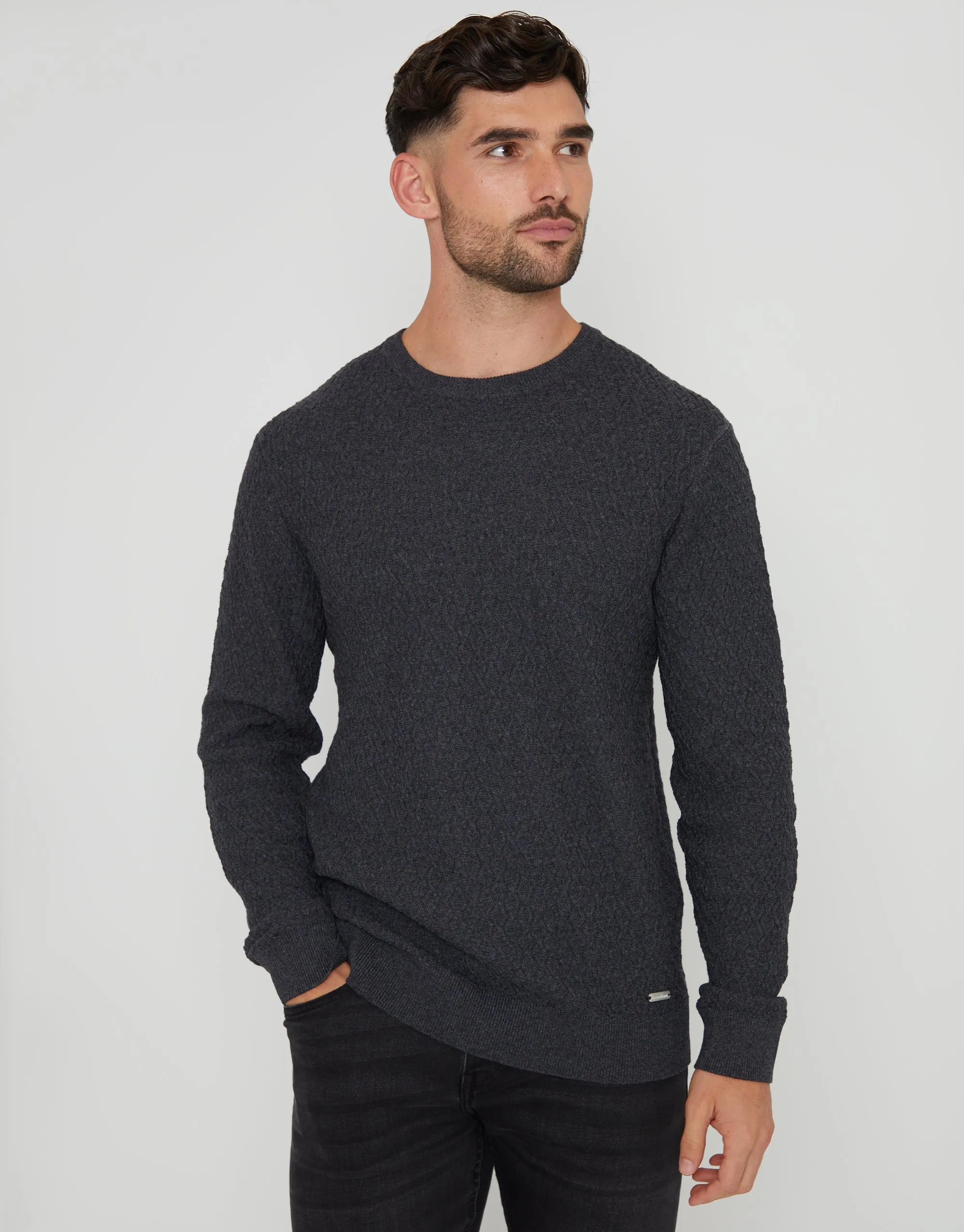 Charcoal Grey Marl Mini Cable Knit Crew Neck Jumper sold by Threadbare
