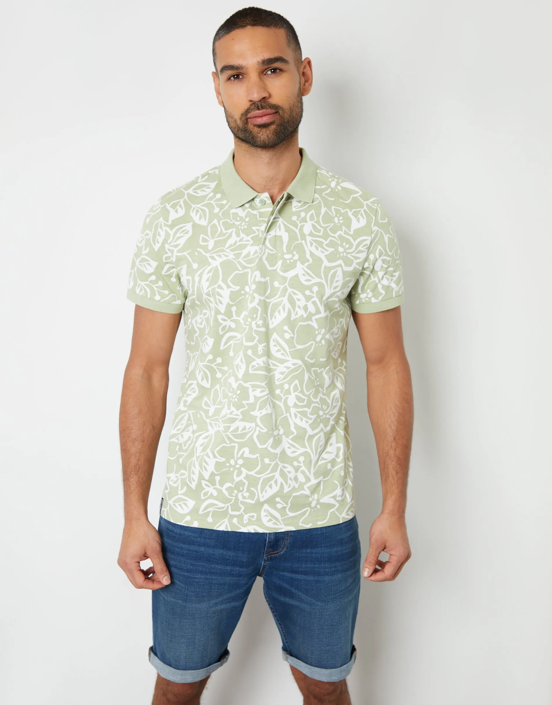 Men's Sage Floral Print Hidden Placket Polo Shirt sold by Threadbare product image thumbnail 2