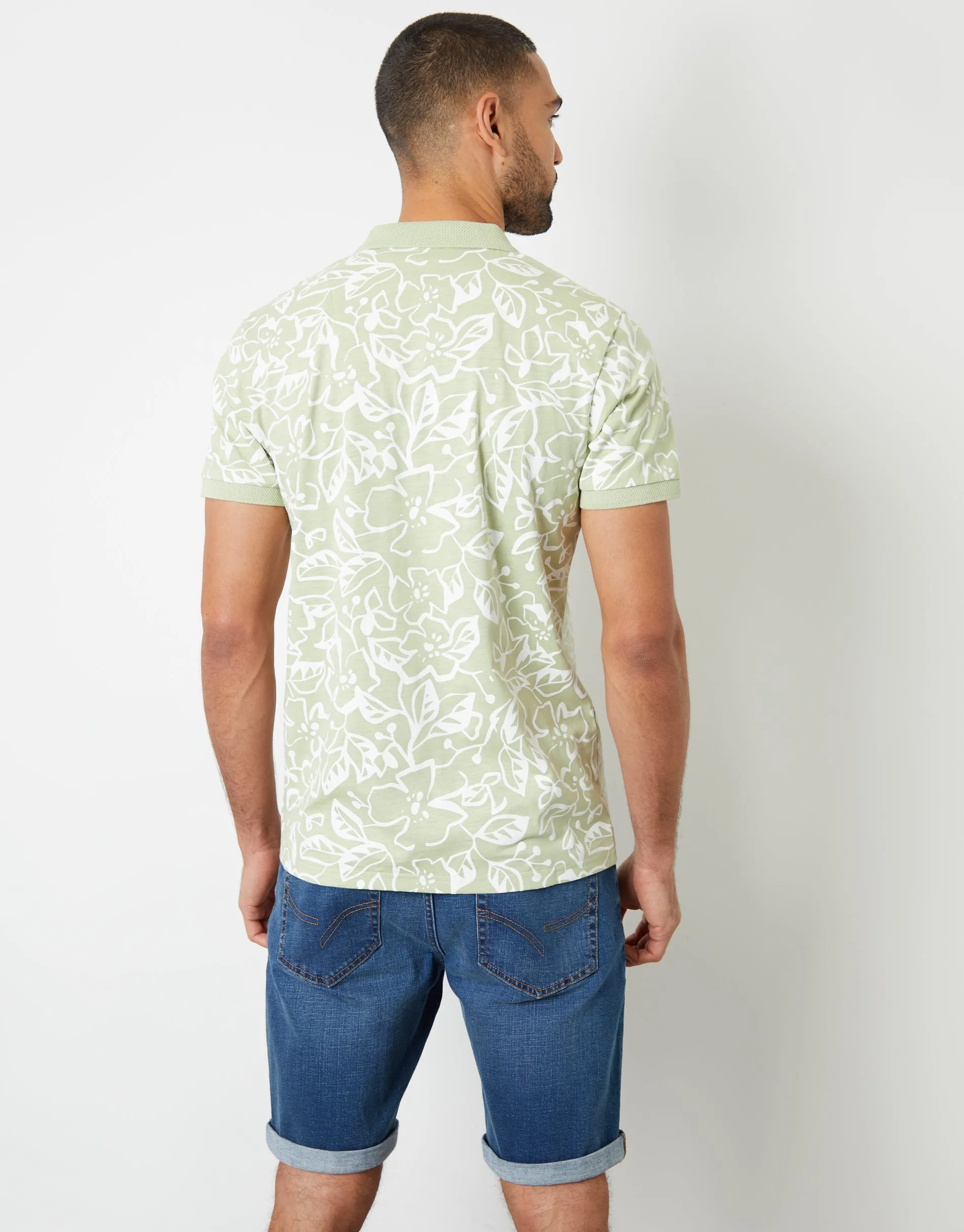 Men's Sage Floral Print Hidden Placket Polo Shirt sold by Threadbare product image thumbnail 3