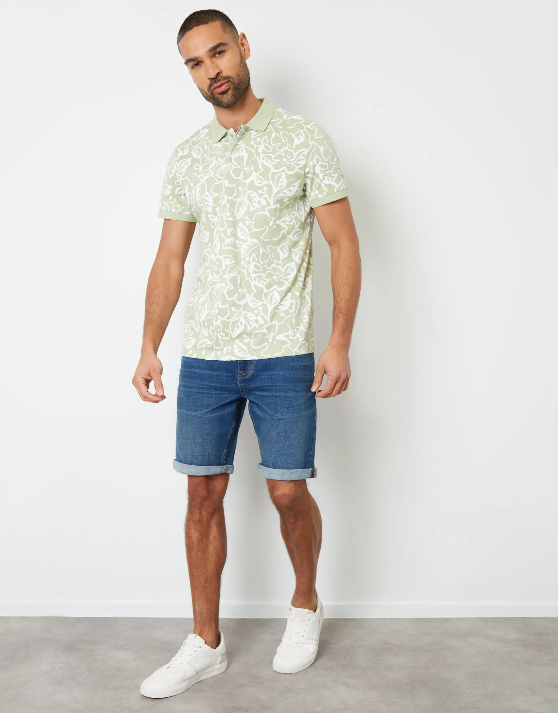 Men's Sage Floral Print Hidden Placket Polo Shirt sold by Threadbare product image thumbnail 4