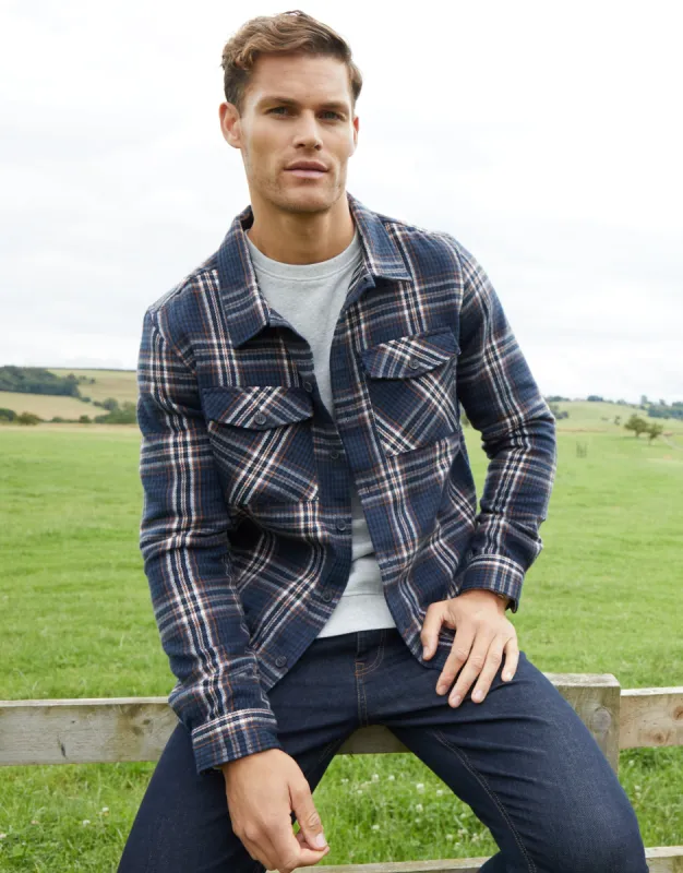 Men's Navy Check Heavy Brushed Button Up Shacket sold by Threadbare