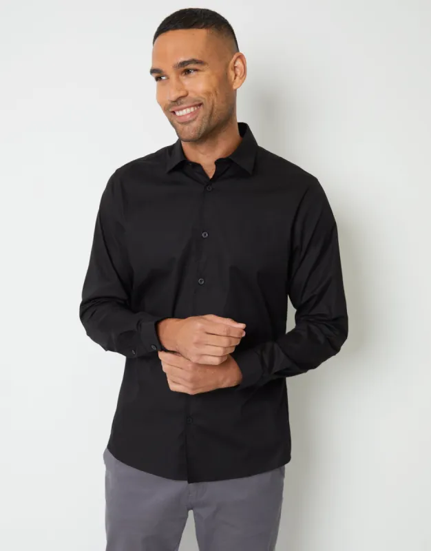 Black Stretch Cotton Poplin Slim Fit Long Sleeve Shirt sold by Threadbare