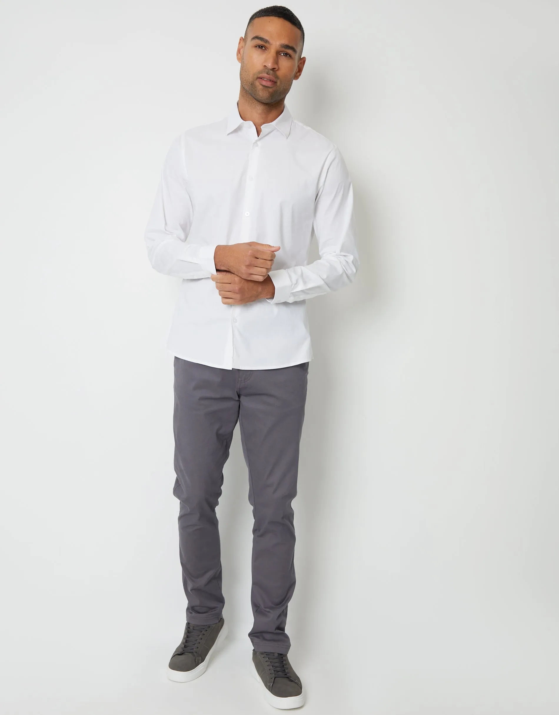 White Stretch Cotton Poplin Slim Fit Long Sleeve Shirt sold by Threadbare product image thumbnail 4