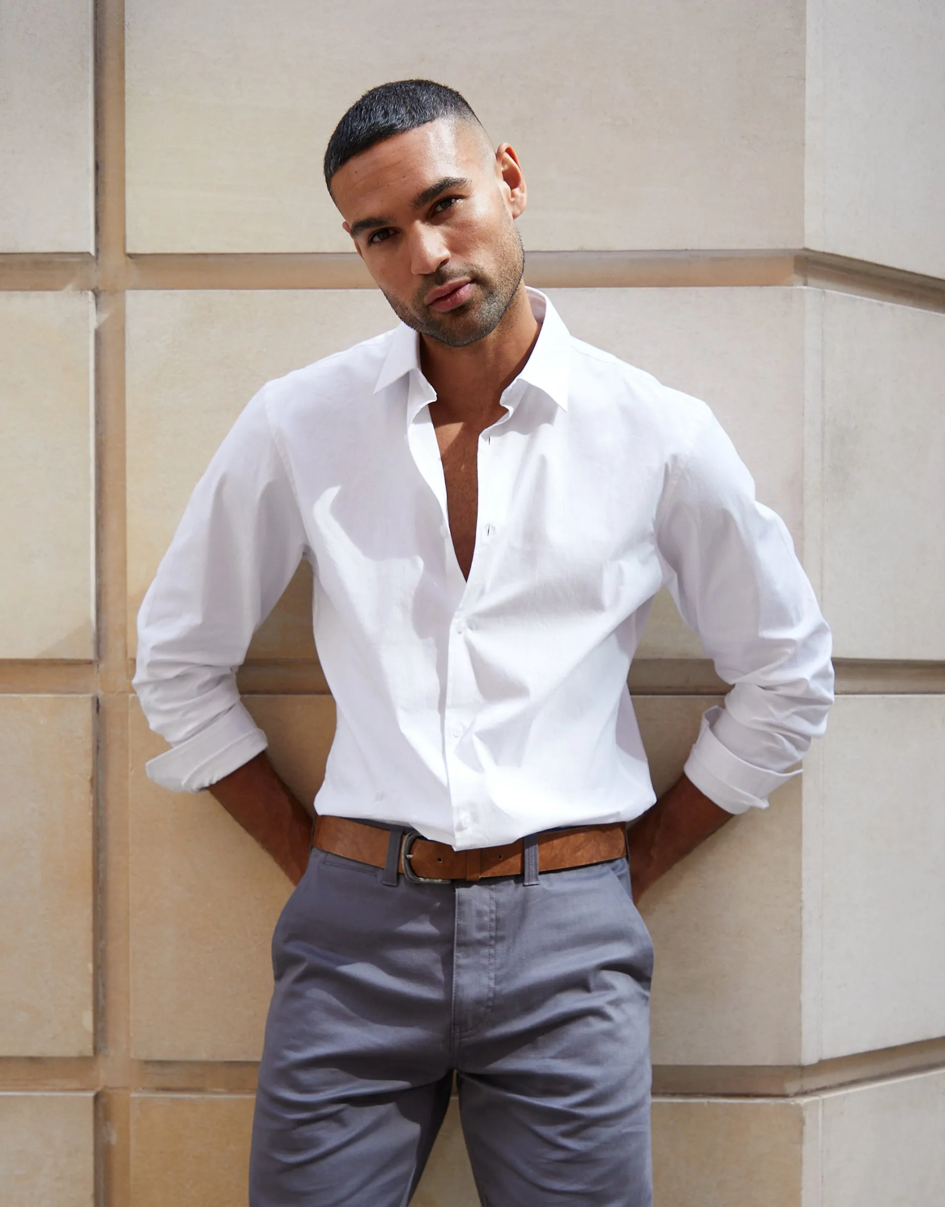 White Stretch Cotton Poplin Slim Fit Long Sleeve Shirt sold by Threadbare