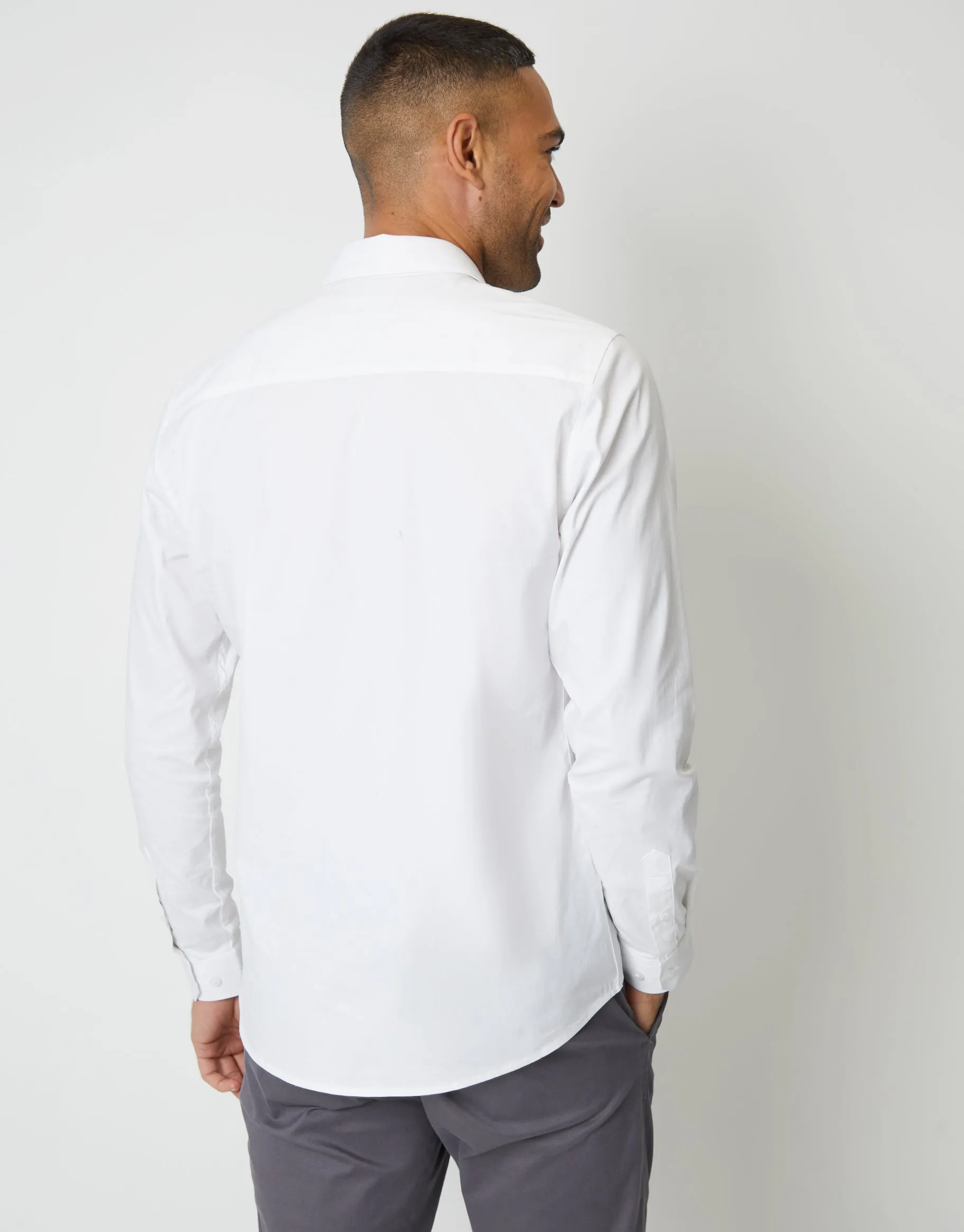 White Stretch Cotton Poplin Slim Fit Long Sleeve Shirt sold by Threadbare product image thumbnail 3