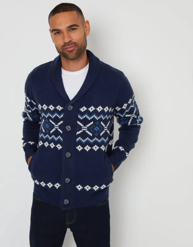 Navy Fairisle Shawl Neck Knitted Cardigan sold by Threadbare