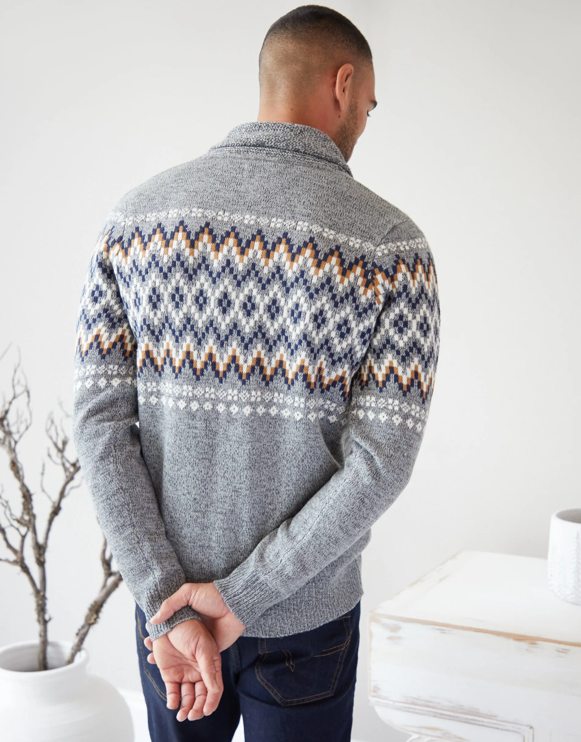 Threadbare Men's Grey Twist Fairisle Shawl Neck Knitted Cardigan sold by Threadbare product image thumbnail 2