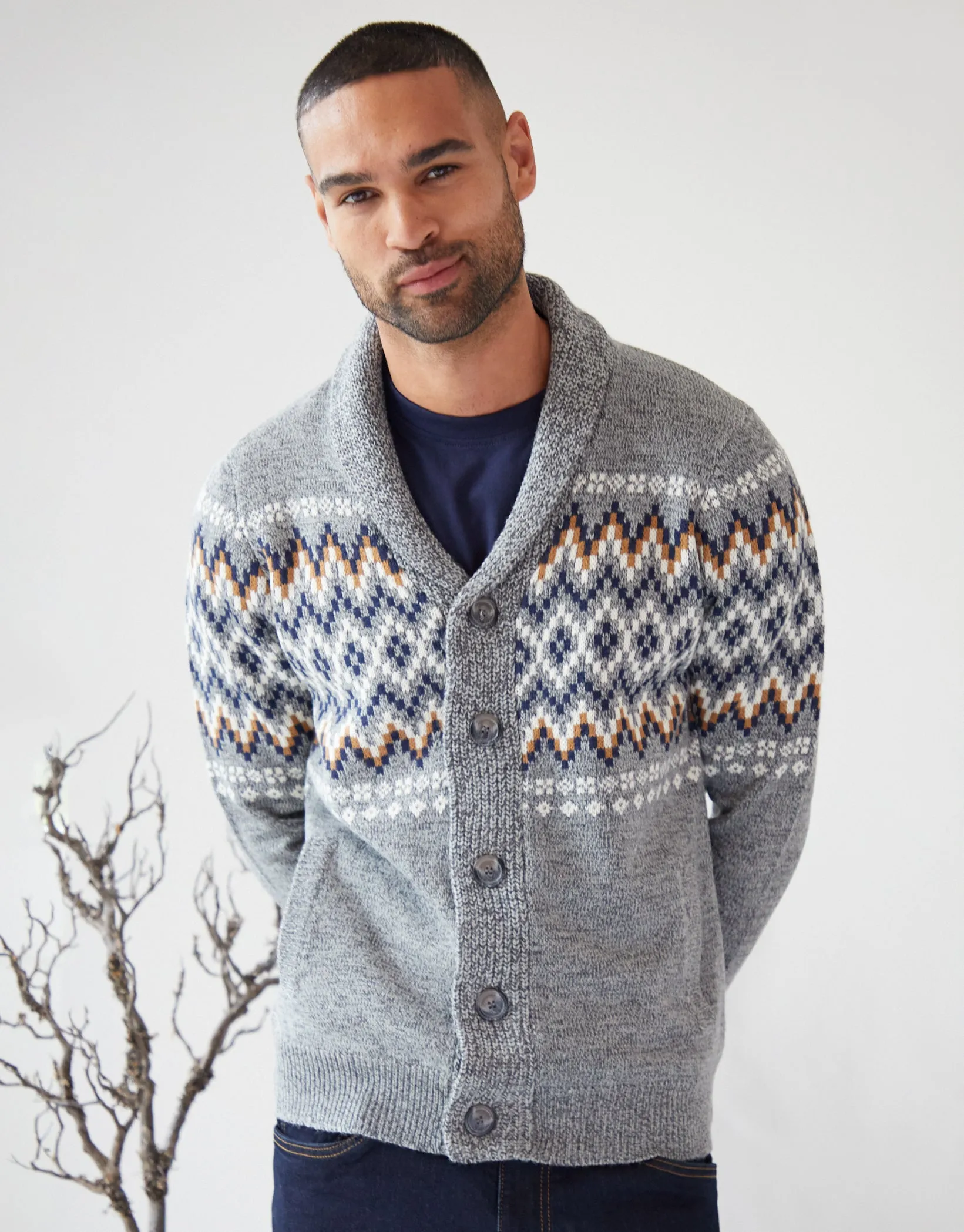 Threadbare Men's Grey Twist Fairisle Shawl Neck Knitted Cardigan sold by Threadbare