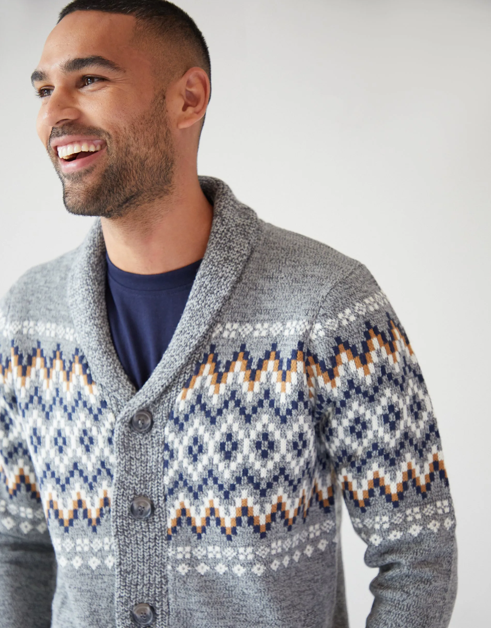 Threadbare Men's Grey Twist Fairisle Shawl Neck Knitted Cardigan sold by Threadbare product image thumbnail 4