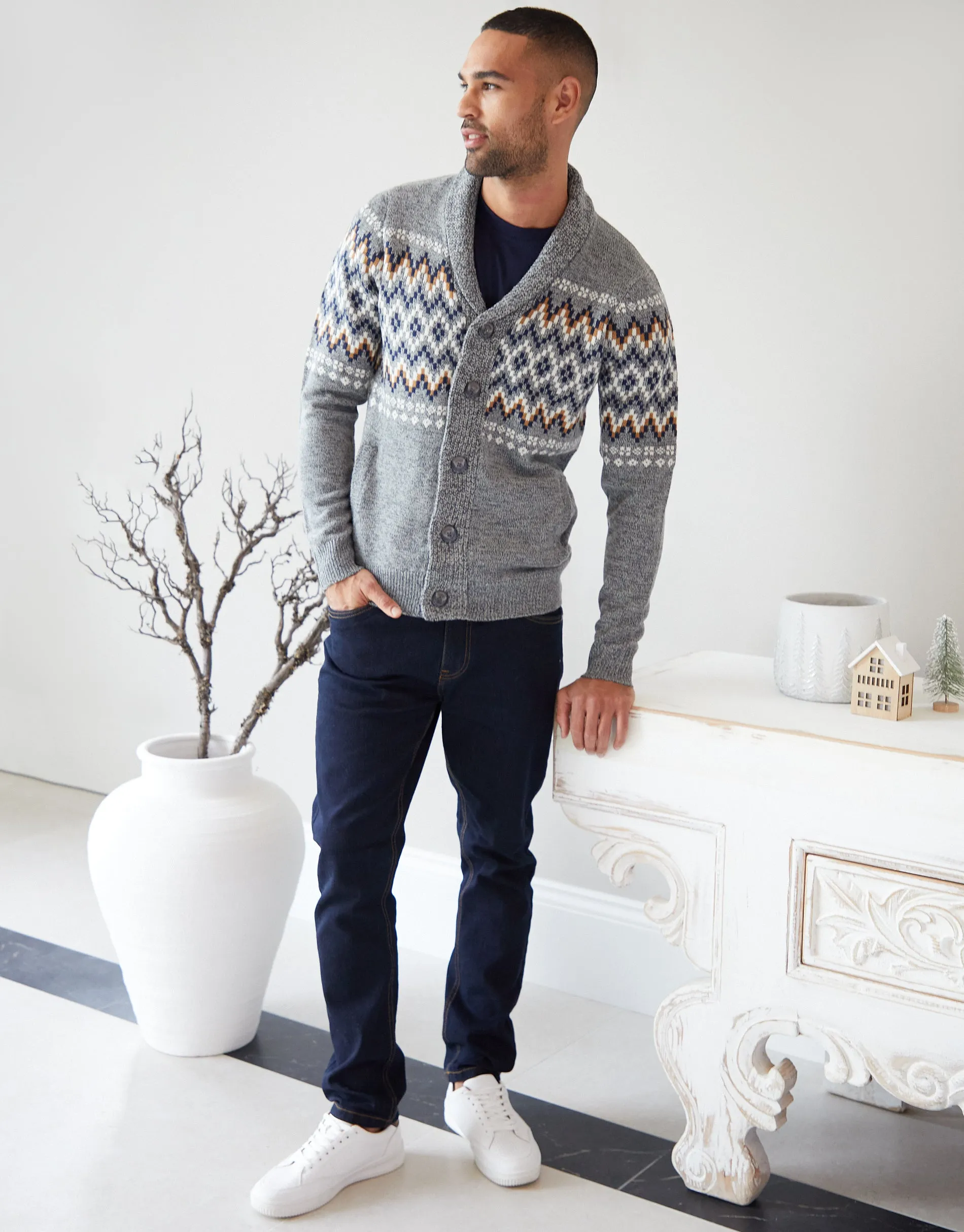 Threadbare Men's Grey Twist Fairisle Shawl Neck Knitted Cardigan sold by Threadbare product image thumbnail 3
