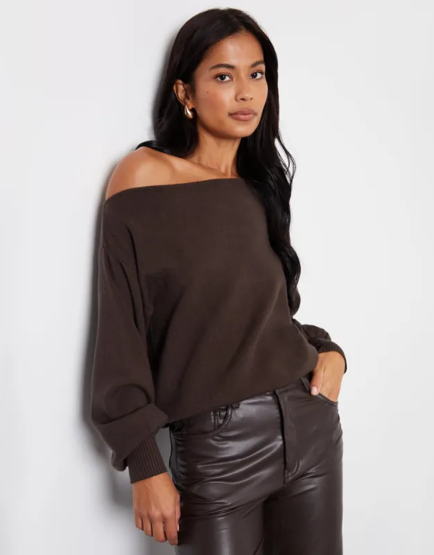 Chocolate Brown Soft Slash Neck Jumper sold by Threadbare