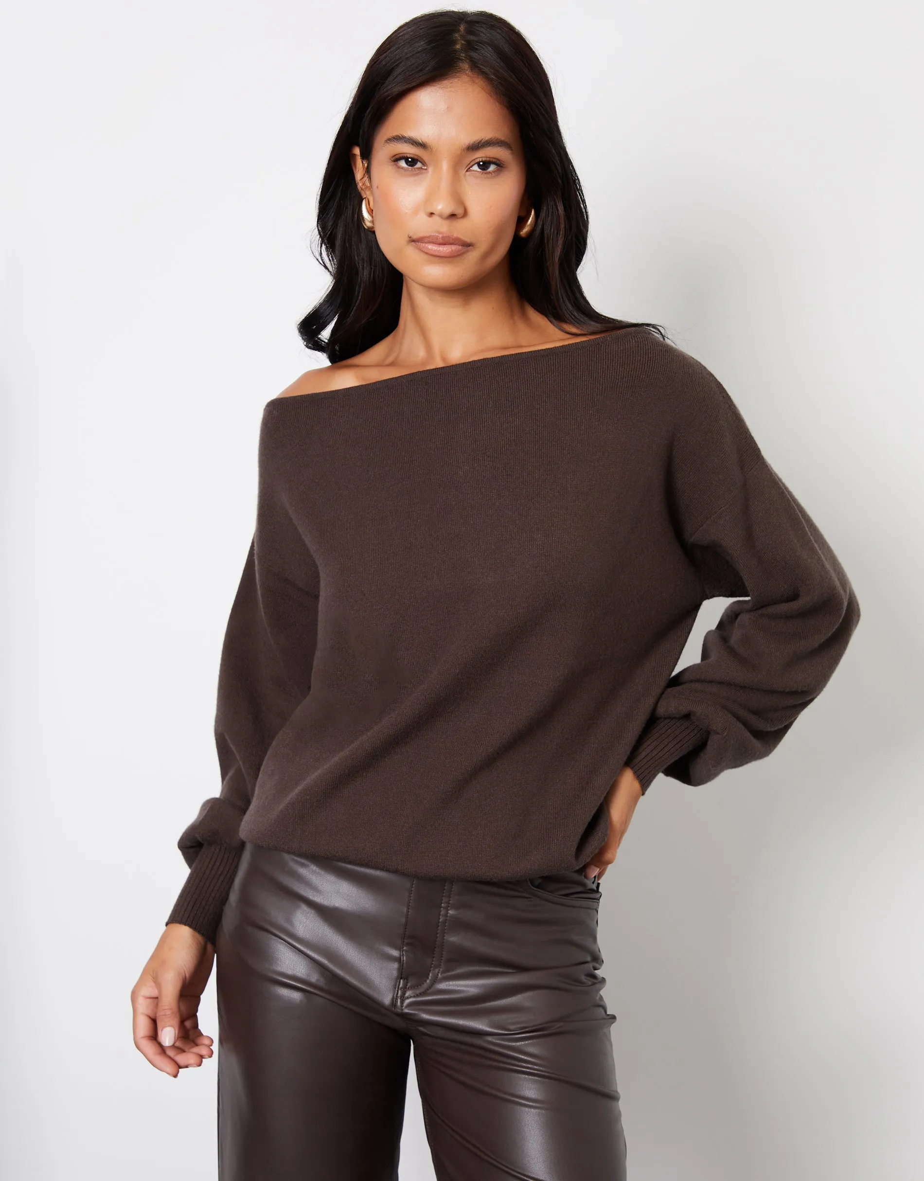 Chocolate Brown Soft Slash Neck Jumper sold by Threadbare product image thumbnail 4