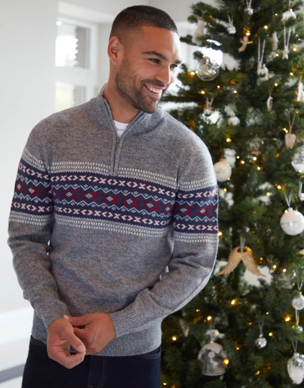 Men's Grey Marl Twist Fairisle Quarter Zip Jumper sold by Threadbare