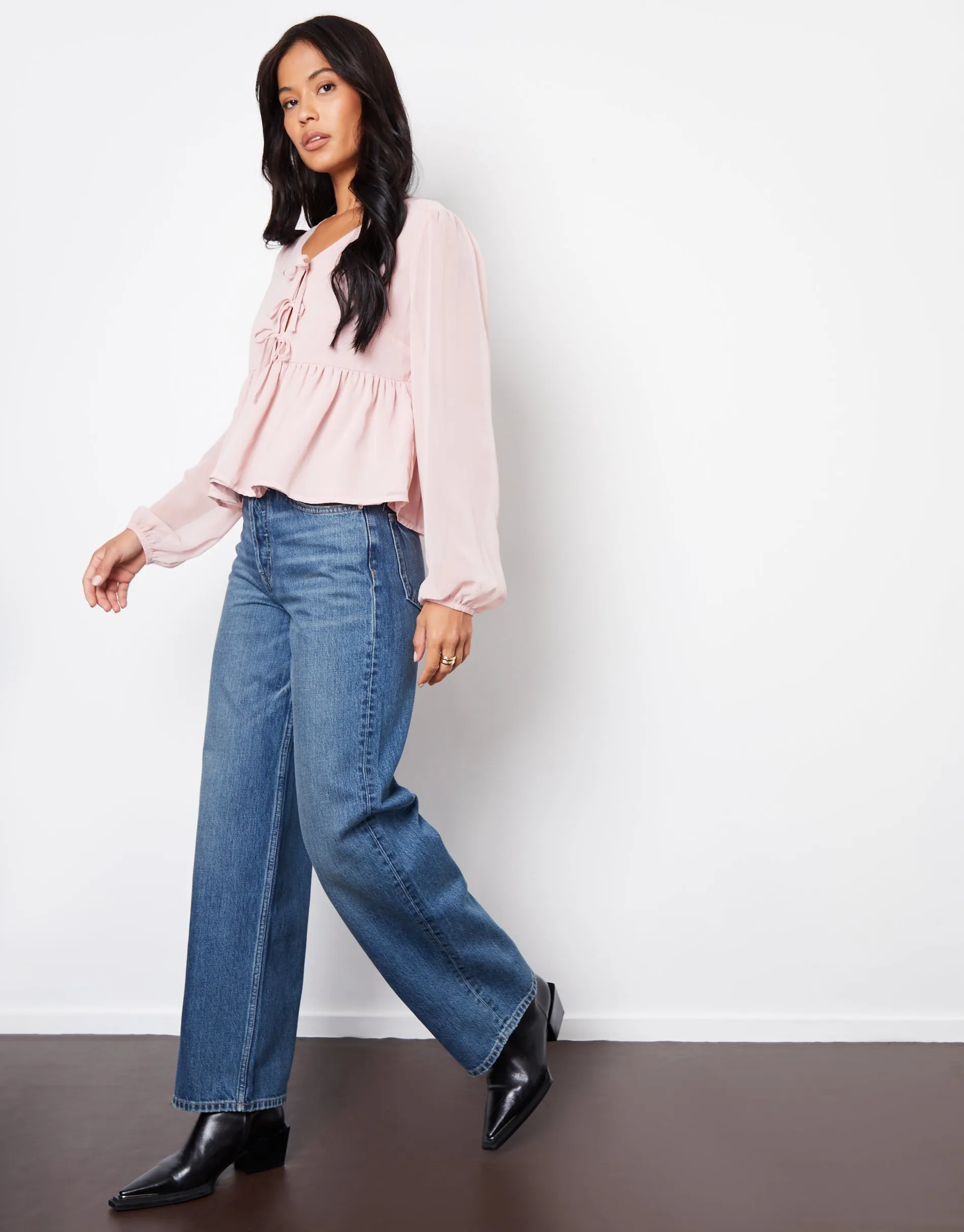 Threadbare Women's Pink Chiffon Tie Front Smock Blouse sold by Threadbare product image thumbnail 4