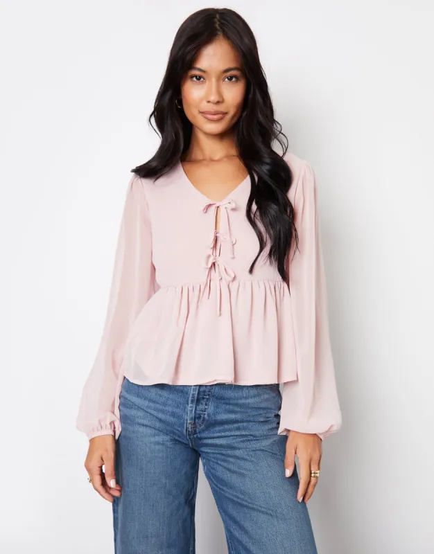Threadbare Women's Pink Chiffon Tie Front Smock Blouse sold by Threadbare