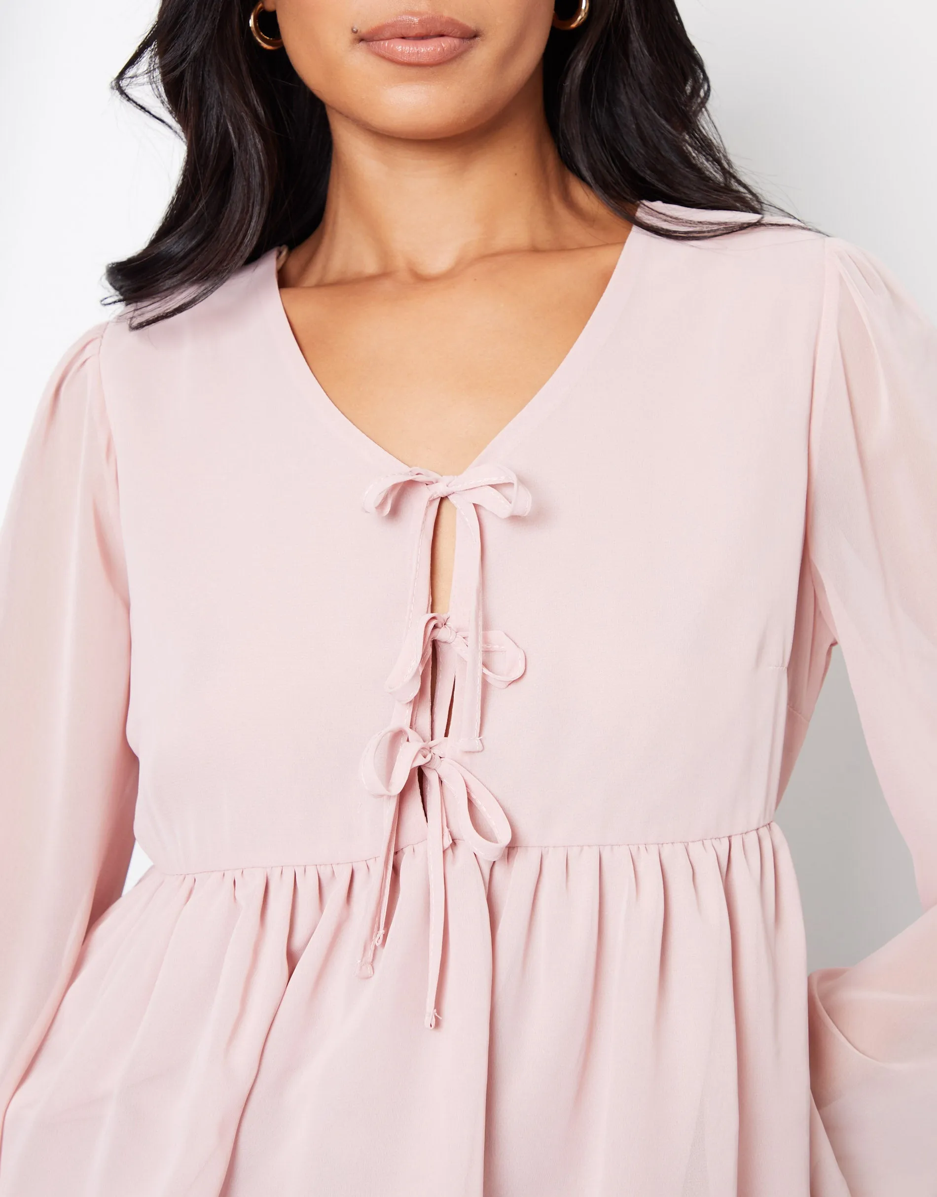 Threadbare Women's Pink Chiffon Tie Front Smock Blouse sold by Threadbare product image thumbnail 3