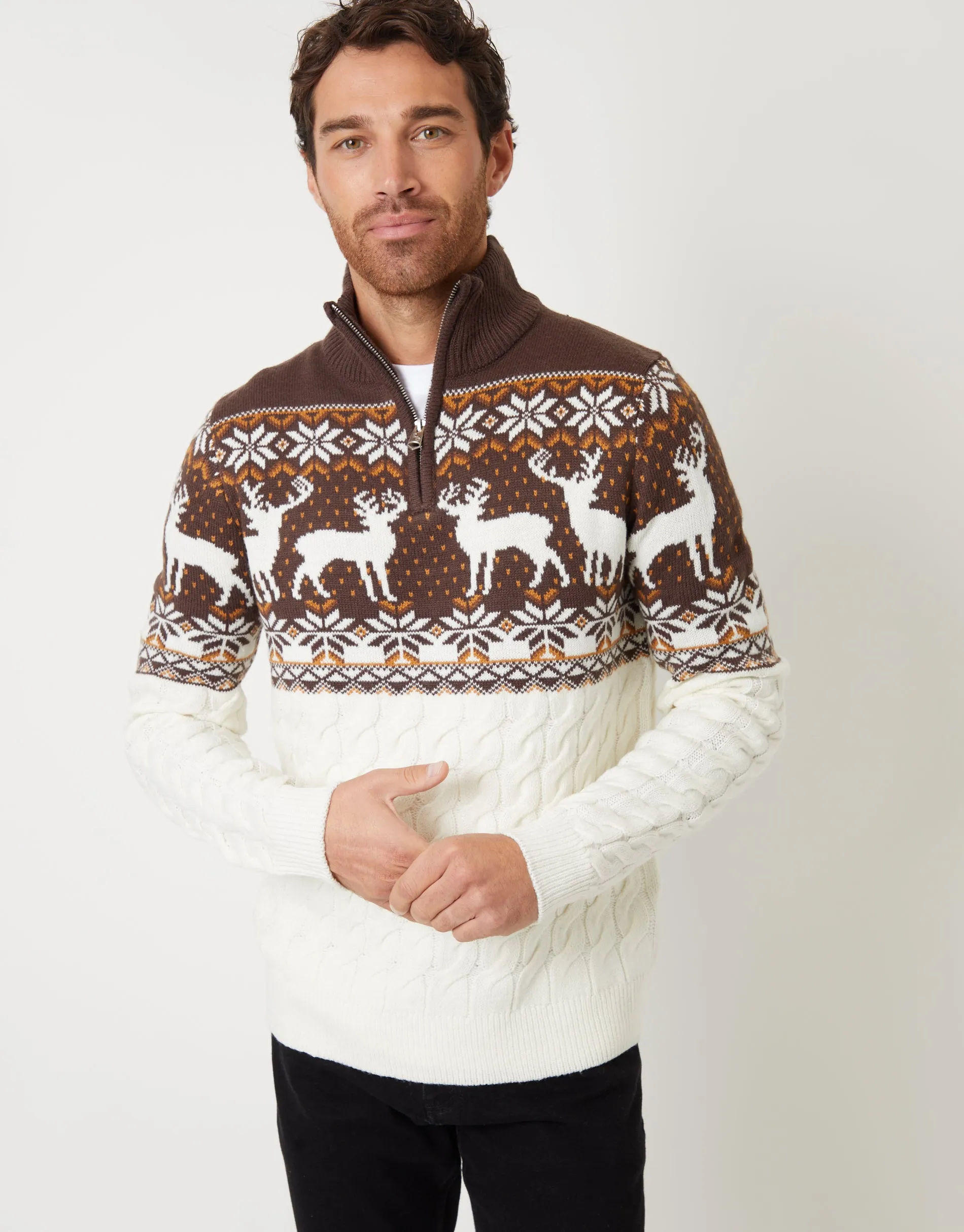 Men's Ecru Fairisle Cable Knit Quarter Zip Jumper sold by Threadbare