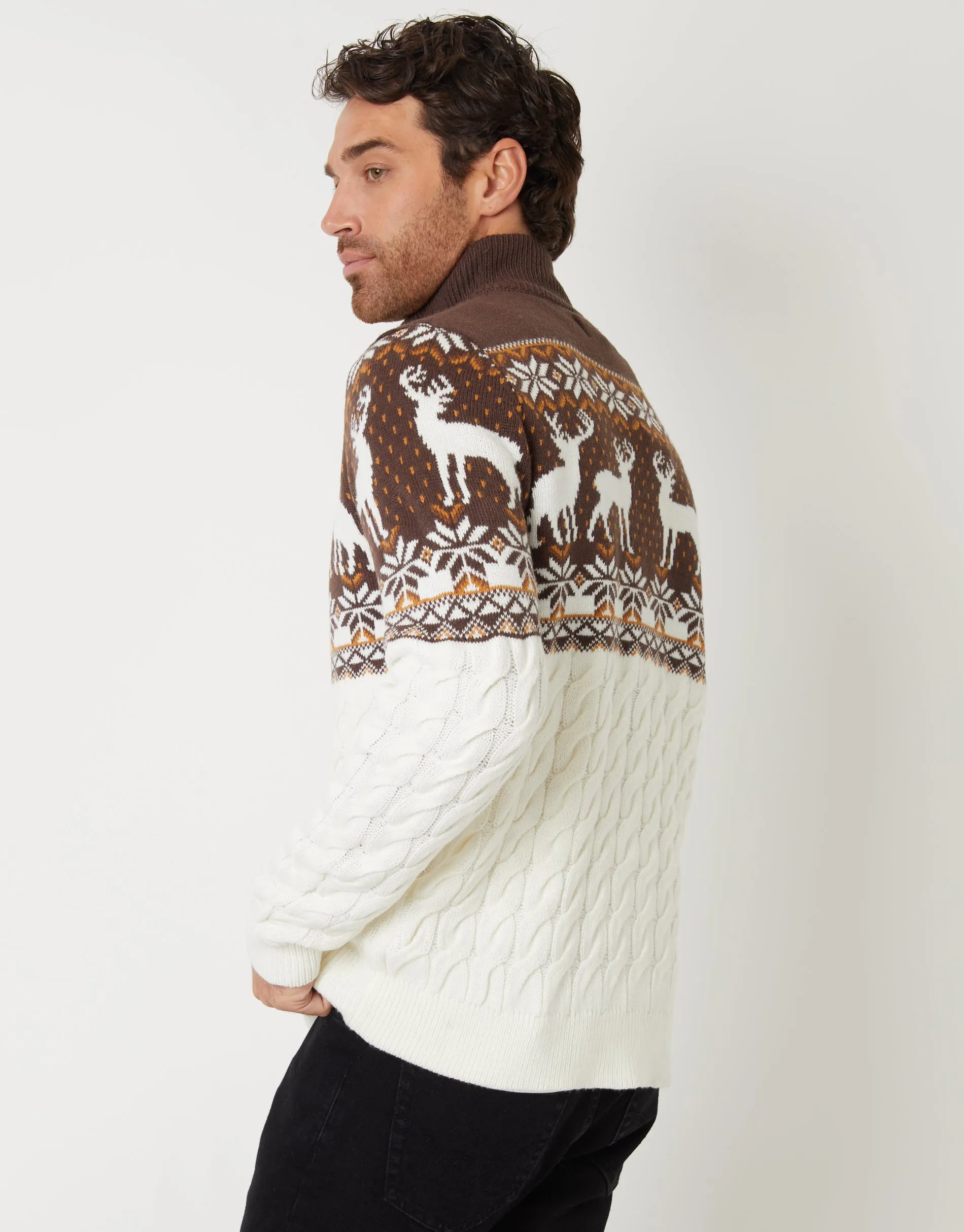 Men's Ecru Fairisle Cable Knit Quarter Zip Jumper sold by Threadbare product image thumbnail 2
