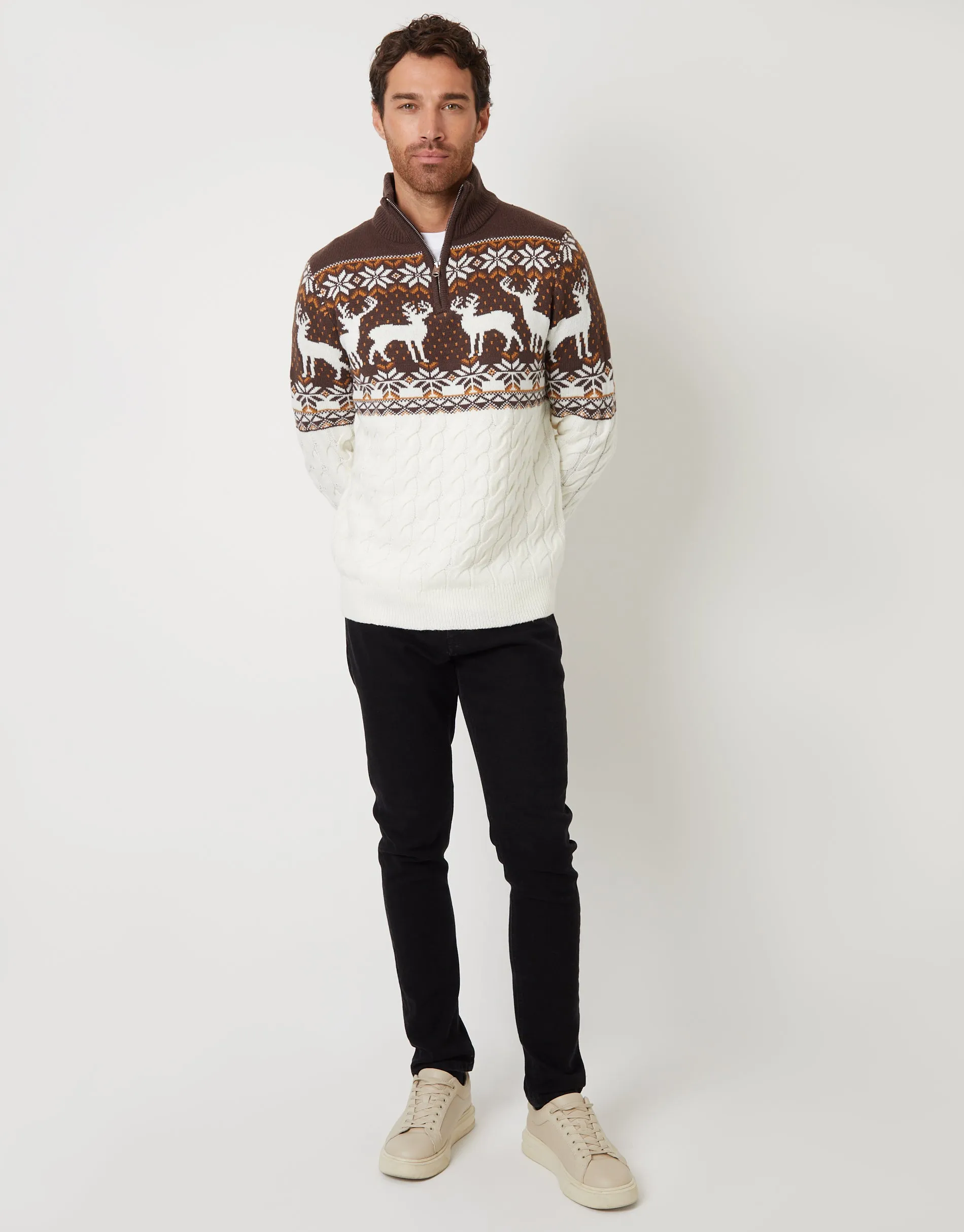 Men's Ecru Fairisle Cable Knit Quarter Zip Jumper sold by Threadbare product image thumbnail 3