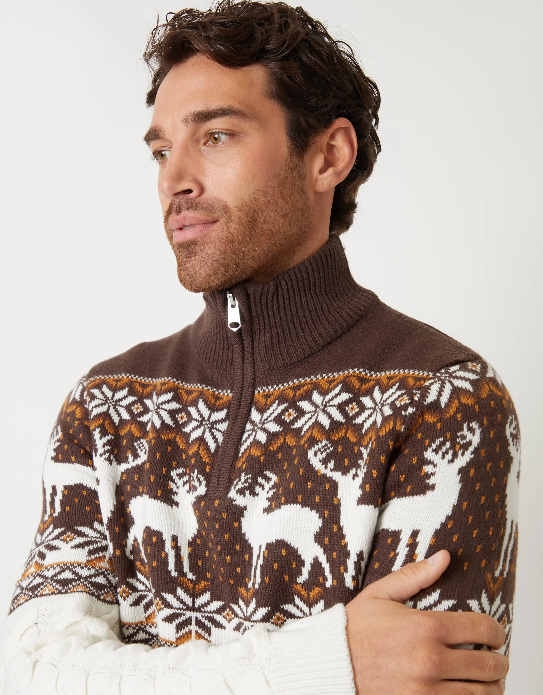 Men's Ecru Fairisle Cable Knit Quarter Zip Jumper sold by Threadbare product image thumbnail 4