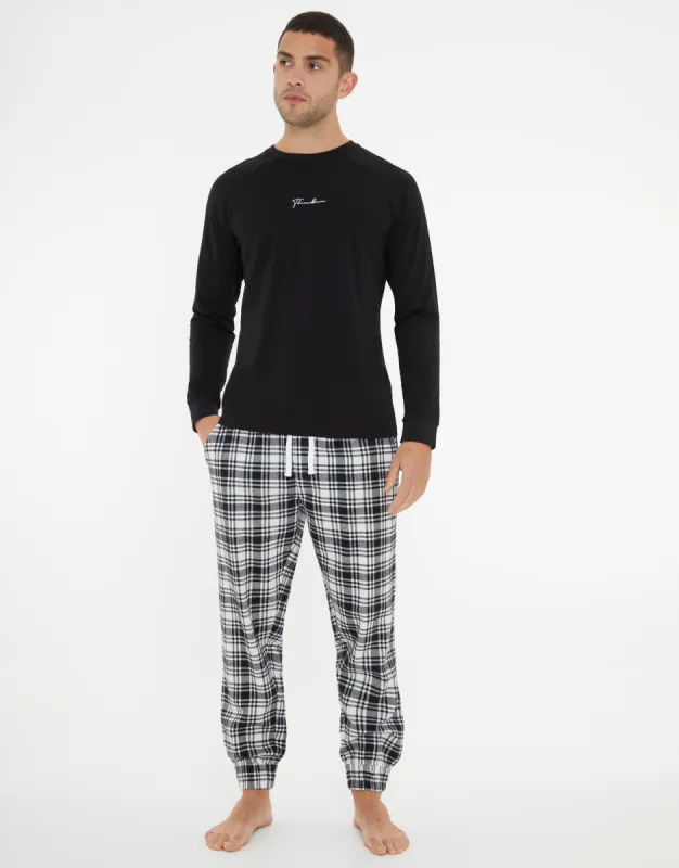 Men's Black Check Script Long Pyjamas (2-Piece Set) sold by Threadbare