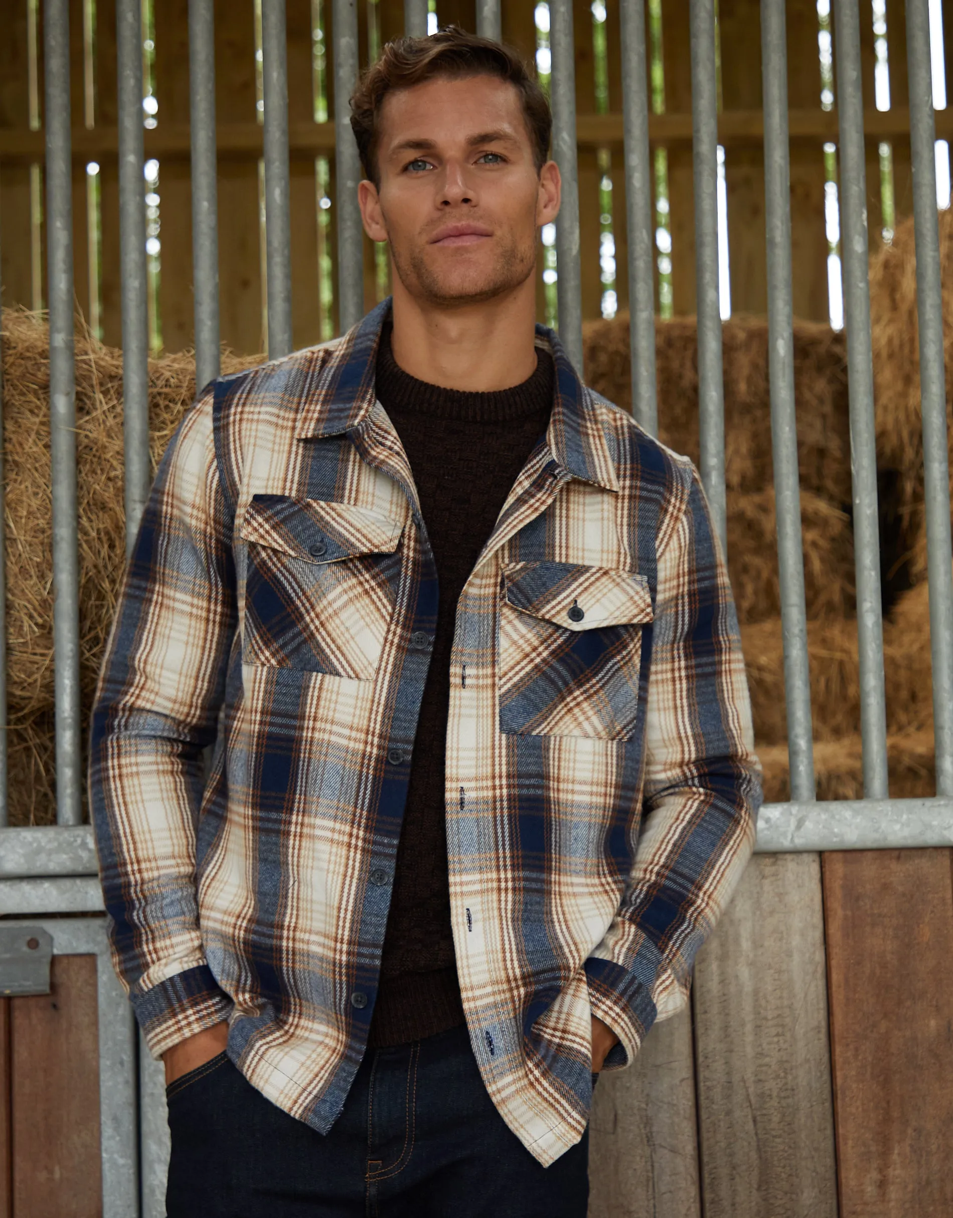 Men's Cream Check Heavy Brushed Button Up Shacket sold by Threadbare
