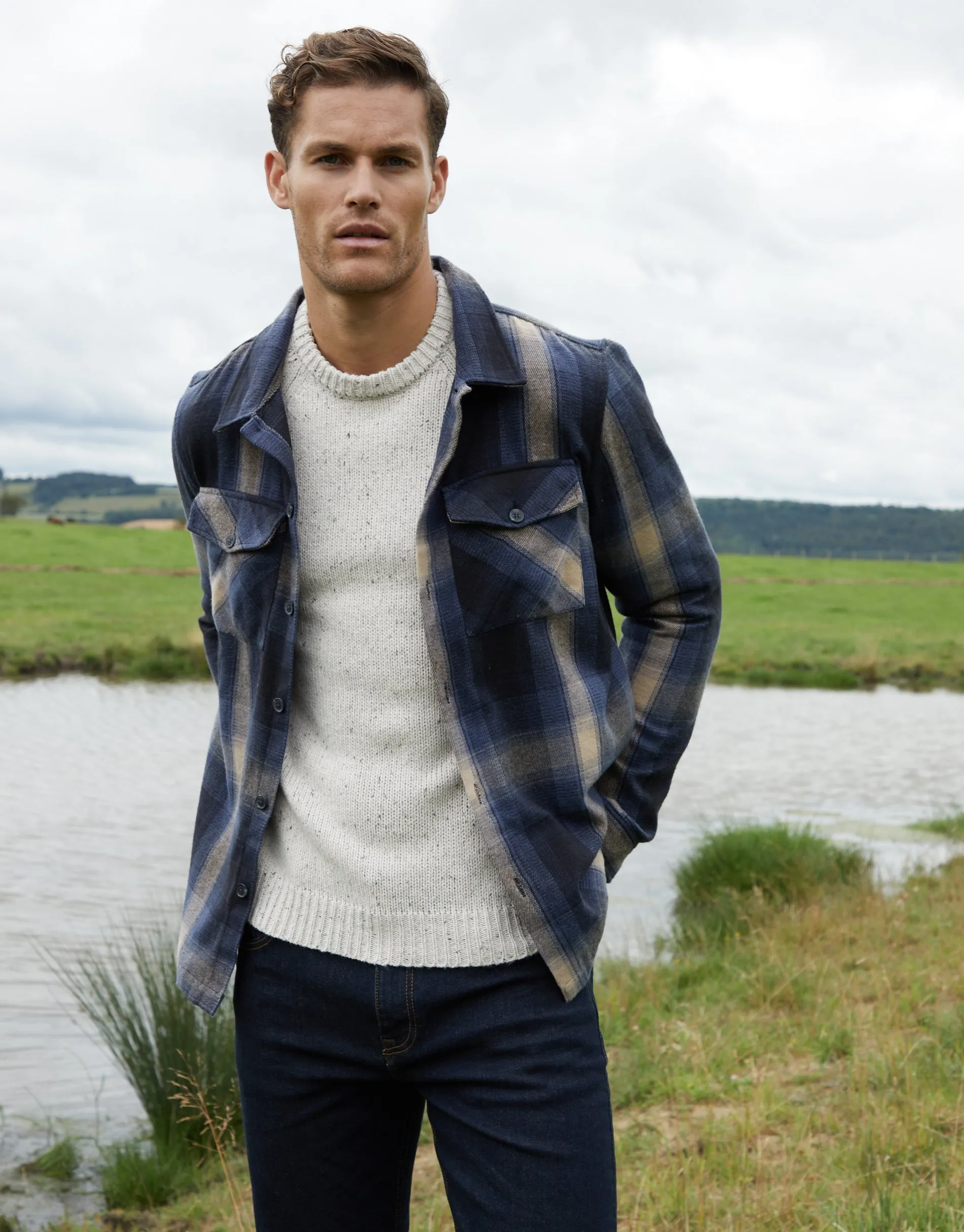 Men's Blue Check Heavy Brushed Button Up Shacket sold by Threadbare