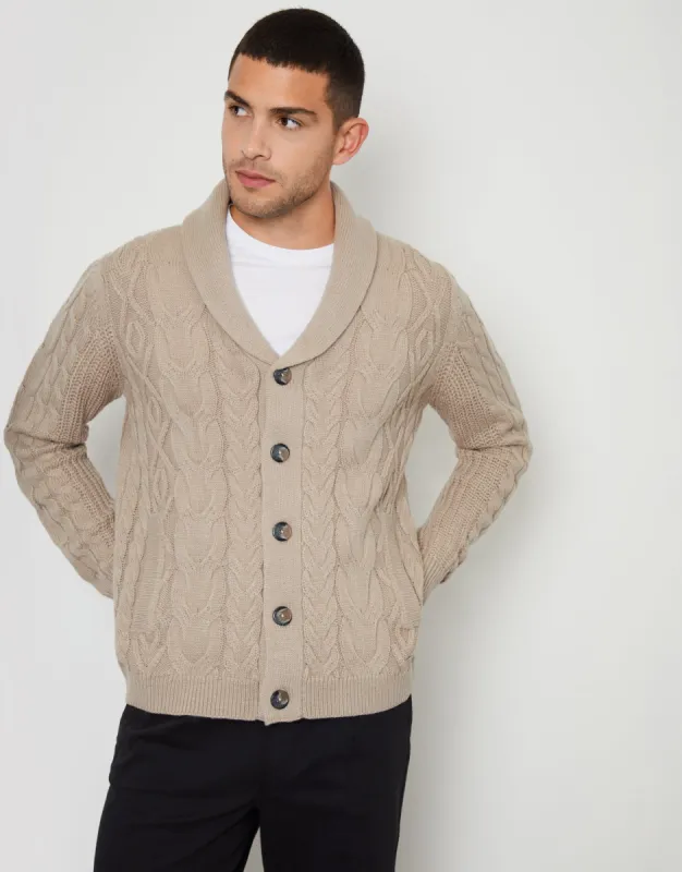 Stone Cable Knit Shawl Cardigan sold by Threadbare