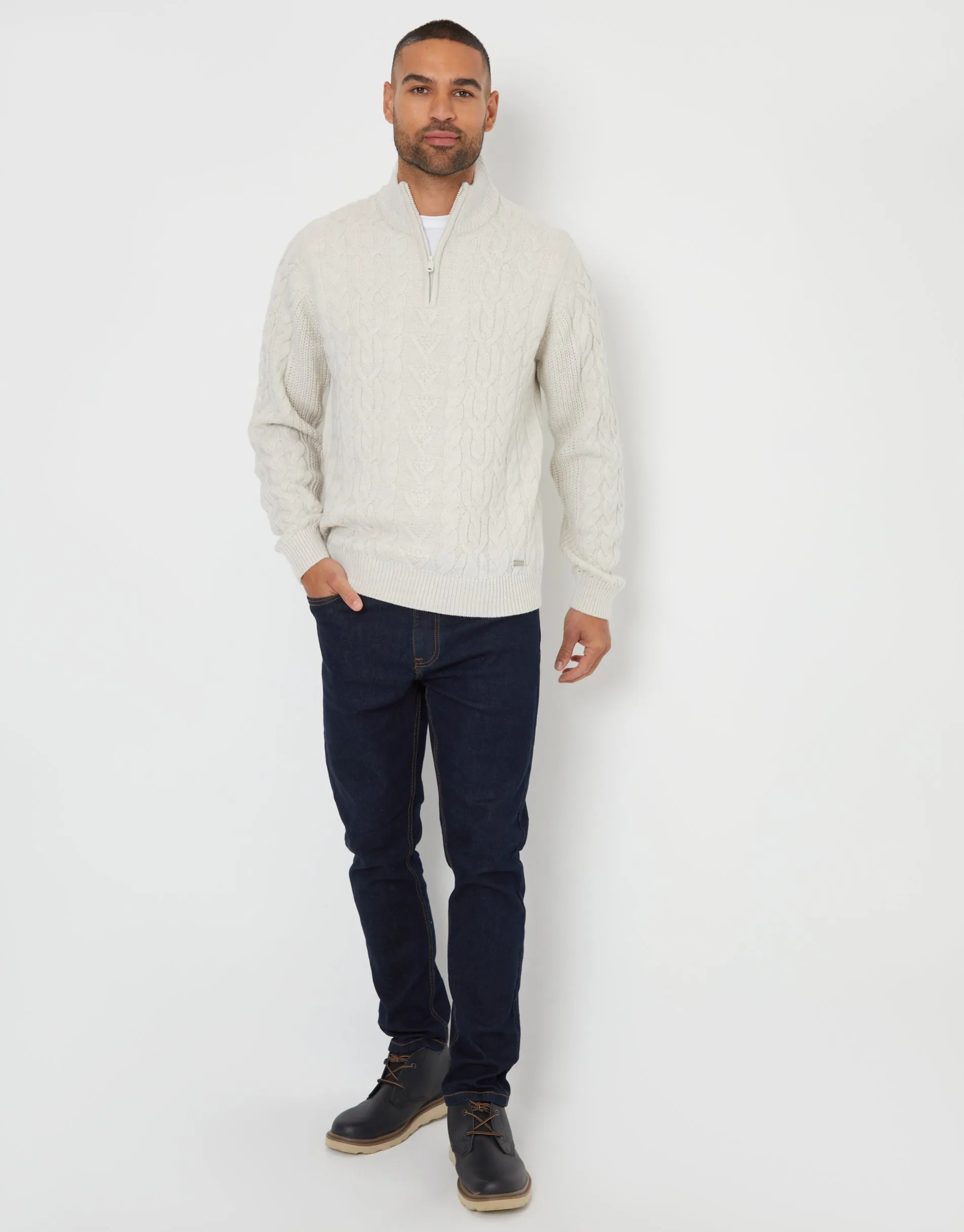 Threadbare Men's Light Grey Marl Cable Knit Quarter Zip Jumper sold by Threadbare product image thumbnail 3